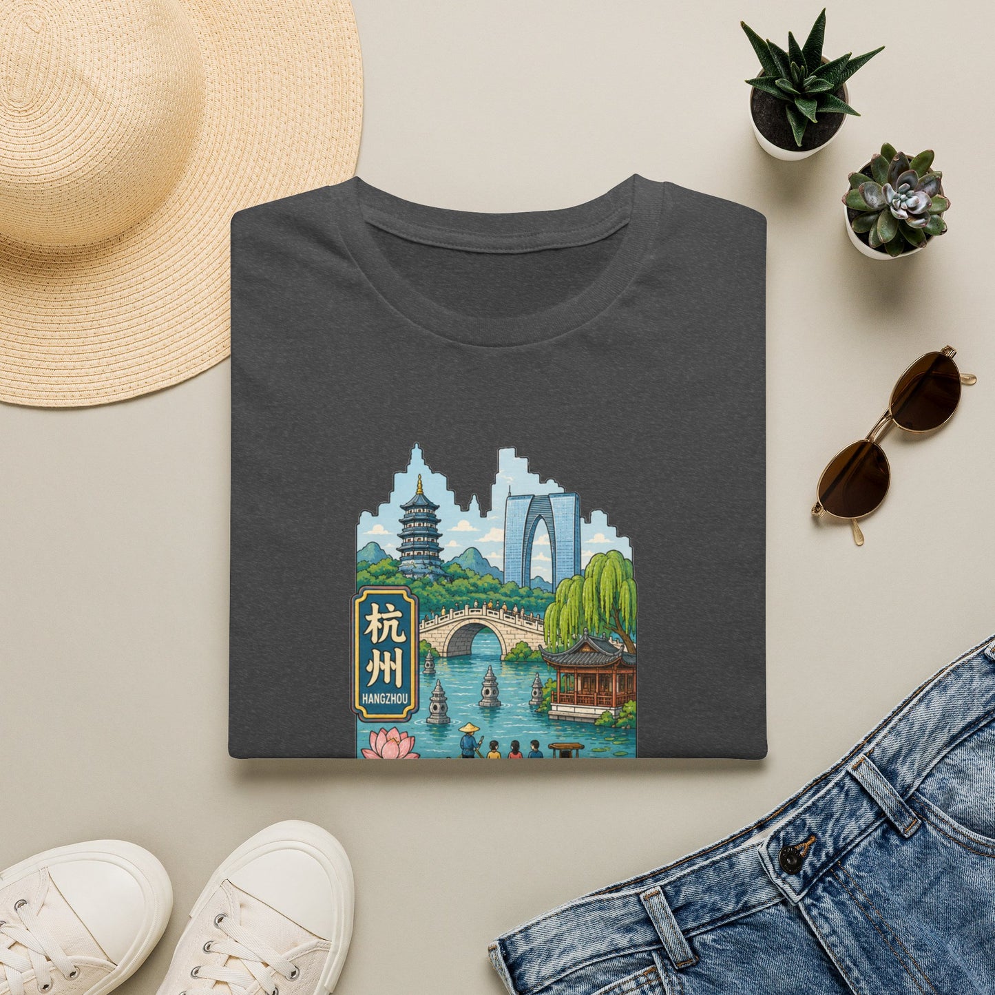 Hangzhou Scenic T-Shirt — West Lake Pagoda & Bridge Illustration