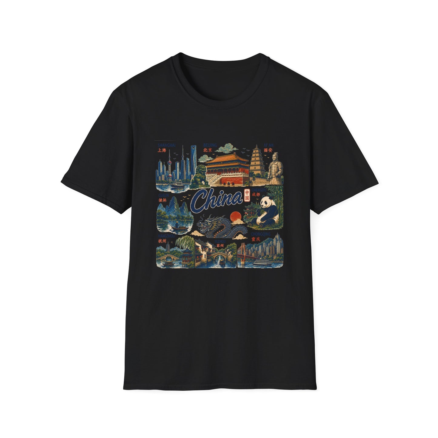 China Travel Collage T-Shirt — Landmarks & Panda Souvenir Tee