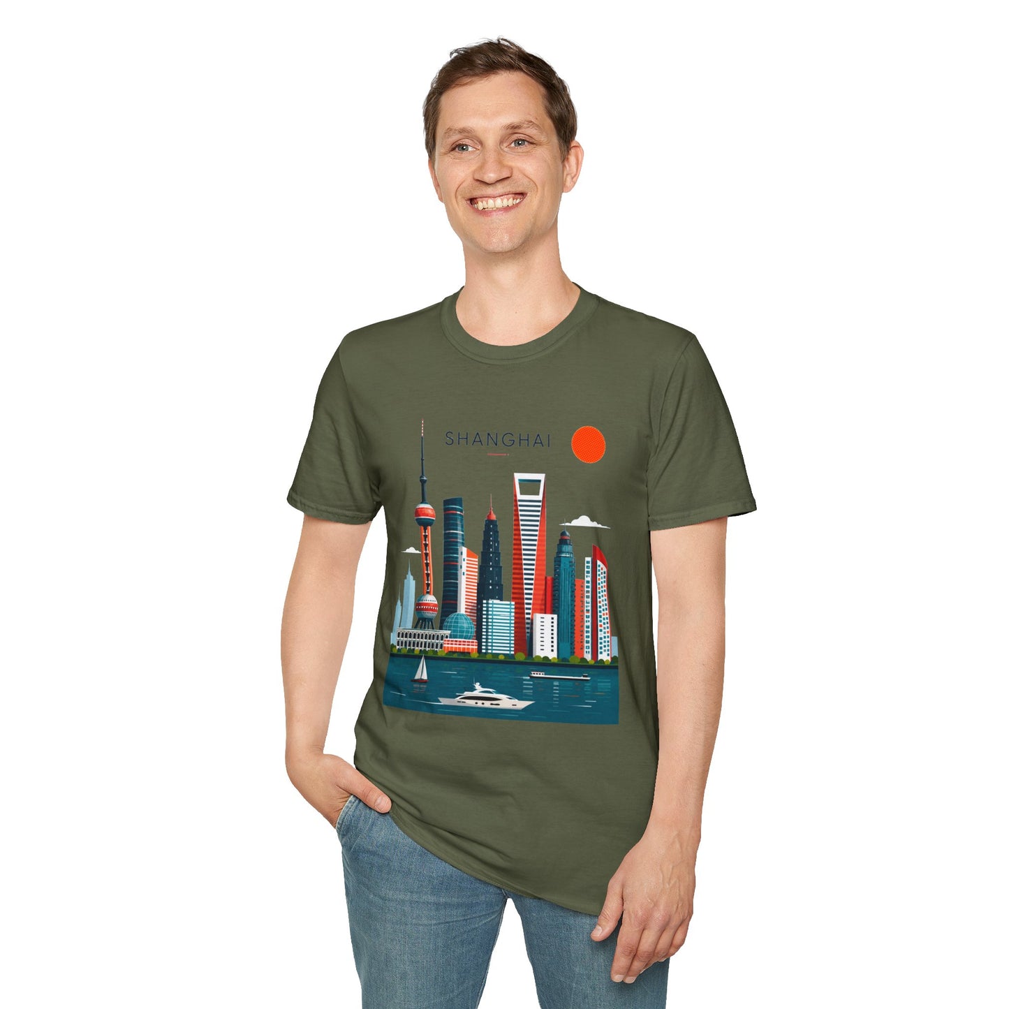 Shanghai Skyline T‑Shirt — Retro Red Sun Cityscape Tee
