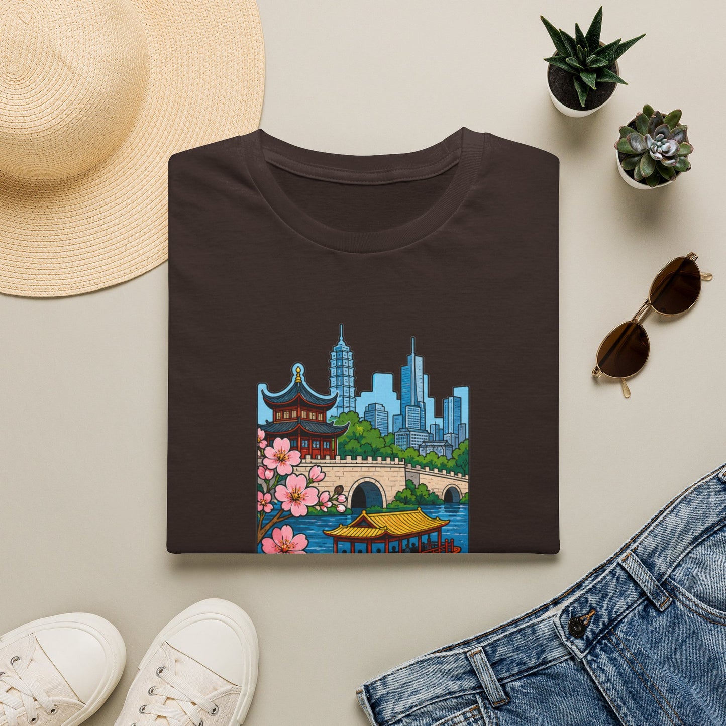 Nanjing Cityscape T-Shirt — Cherry Blossoms, Pagoda & Skyline Travel Shirt