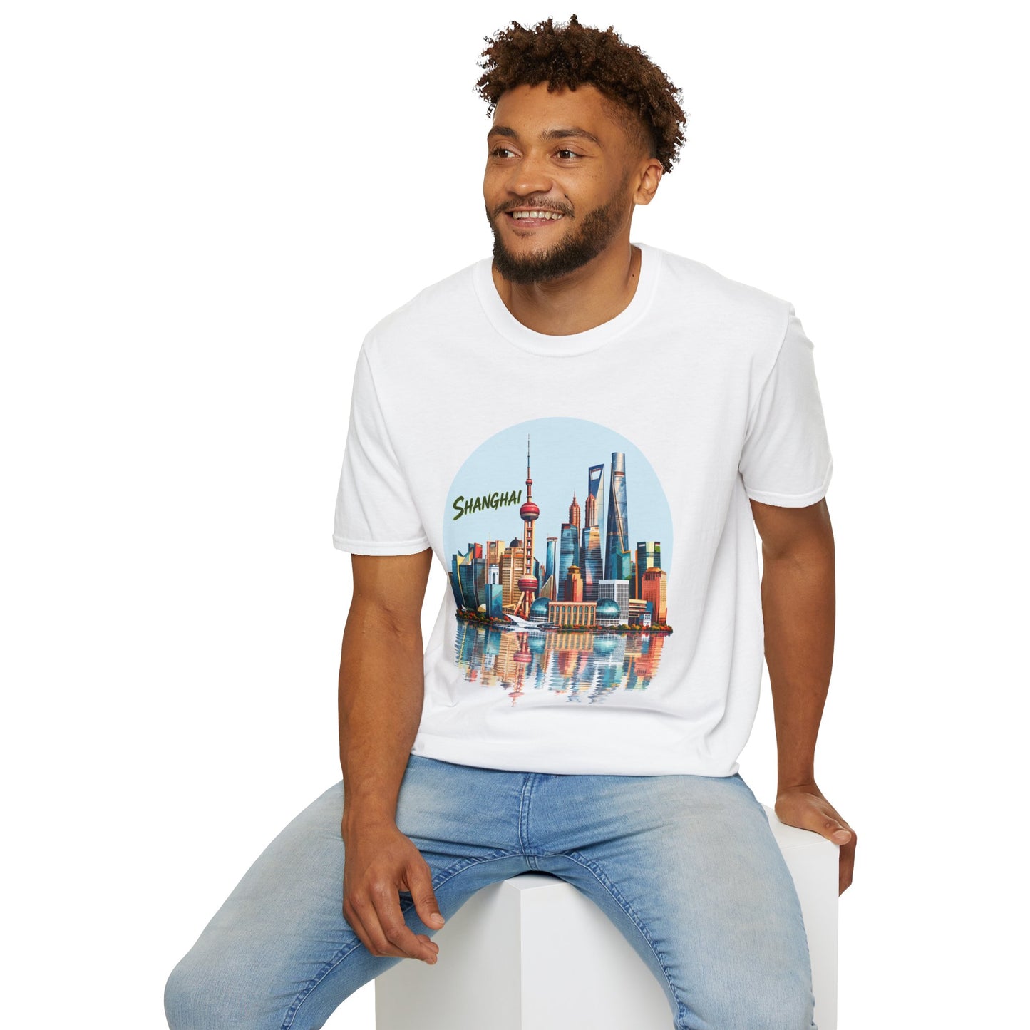 Shanghai Skyline T-Shirt — Retro Cityscape Tee with Reflection