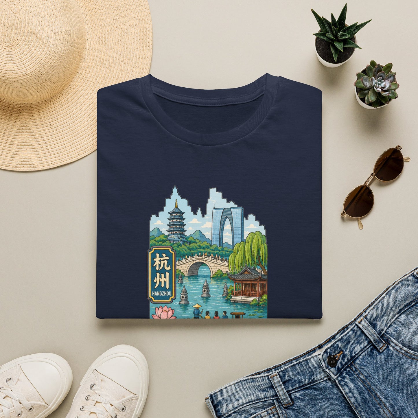 Hangzhou Scenic T-Shirt — West Lake Pagoda & Bridge Illustration