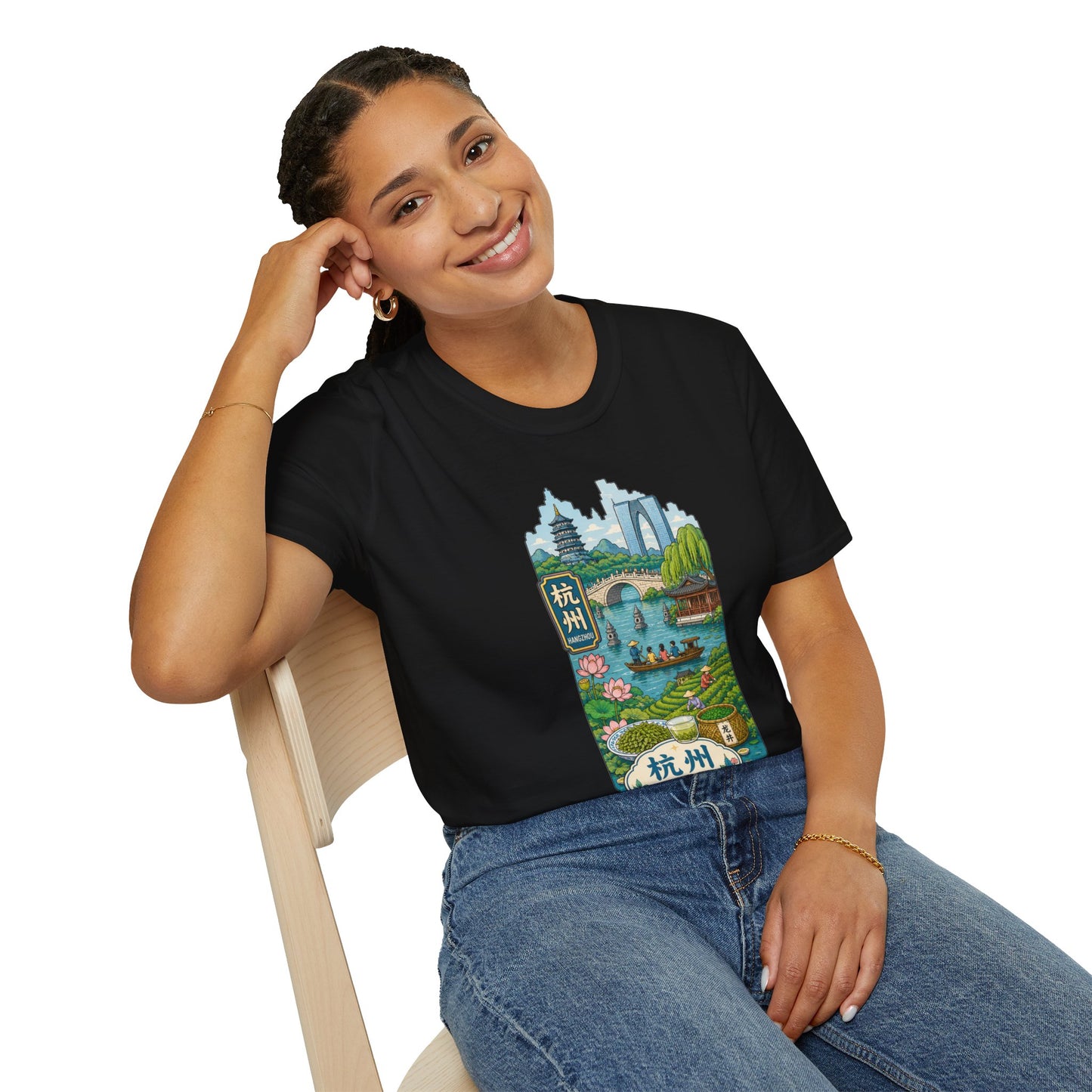 Hangzhou Scenic T-Shirt — West Lake Pagoda & Bridge Illustration