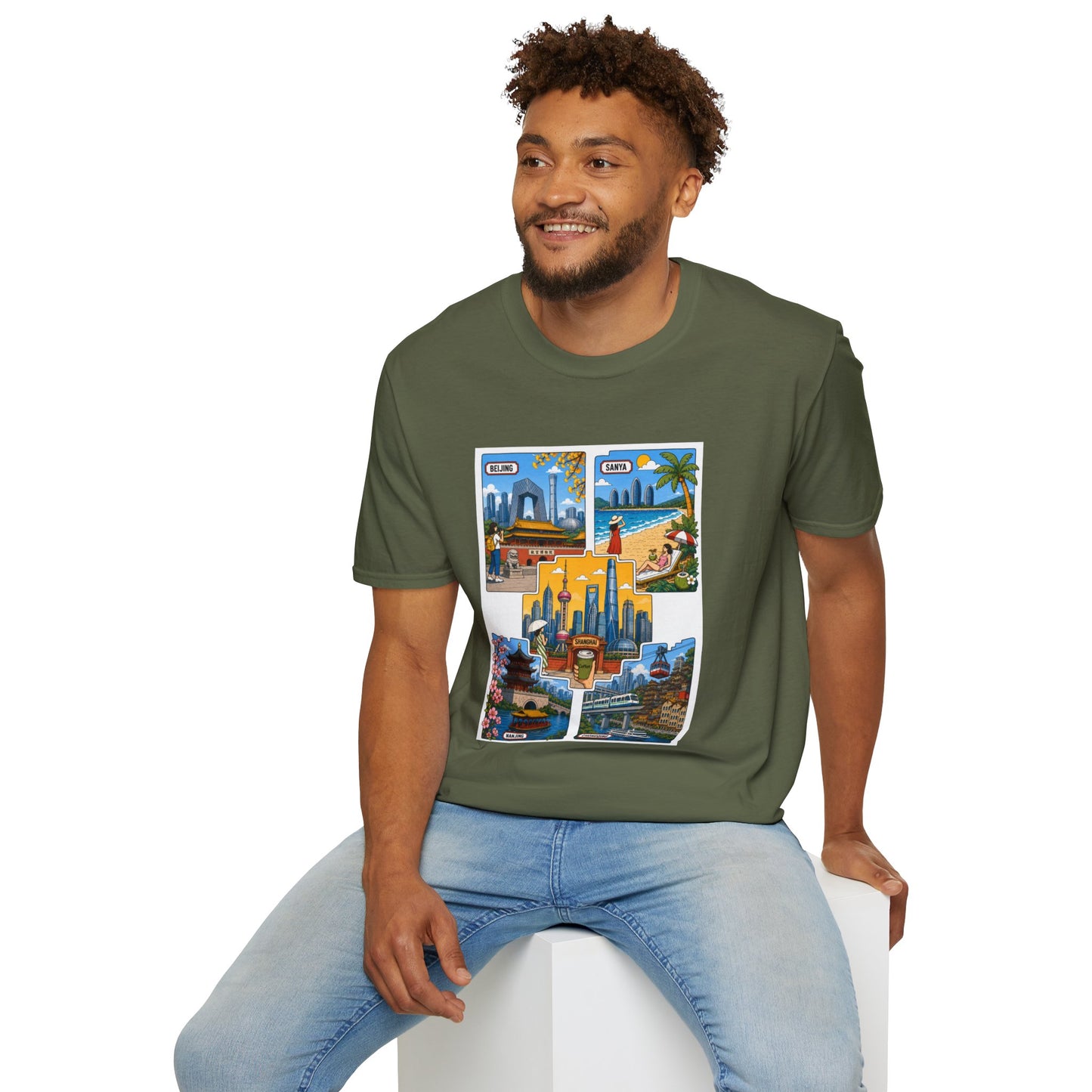 Cityscape Postcard T-Shirt — Retro Travel Collage (Beijing, Santa, Coastal Scenes)