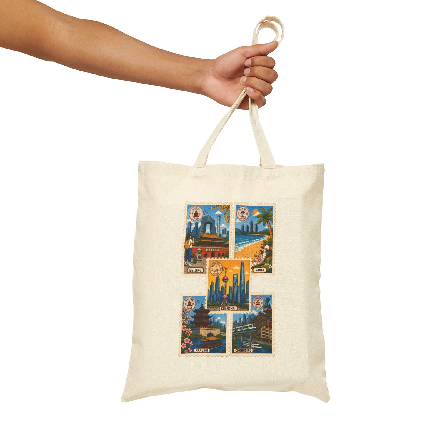 Cityscape Vintage Postcard Canvas Tote — Retro Travel Beach & Skyline Design