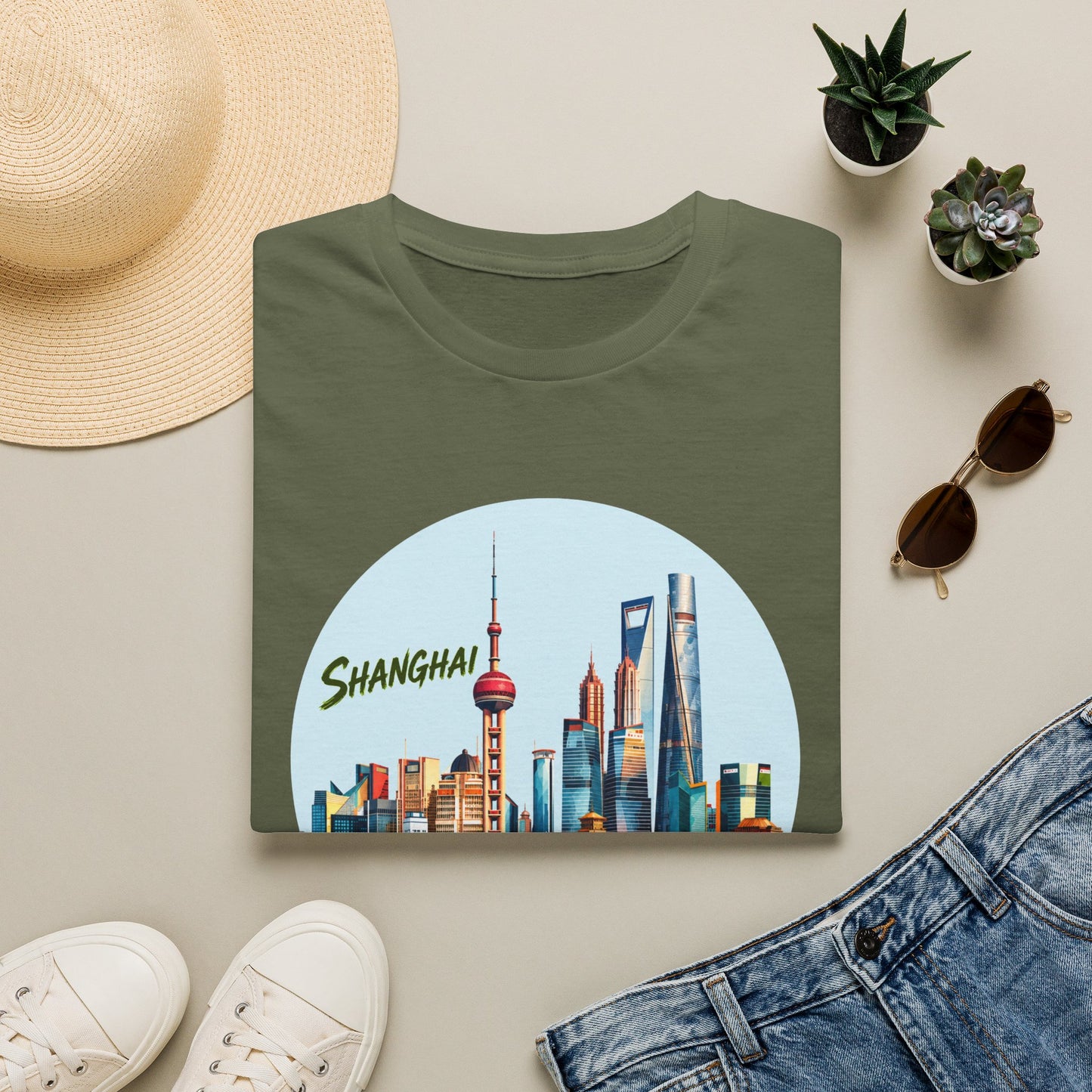 Shanghai Skyline T-Shirt — Retro Cityscape Tee with Reflection