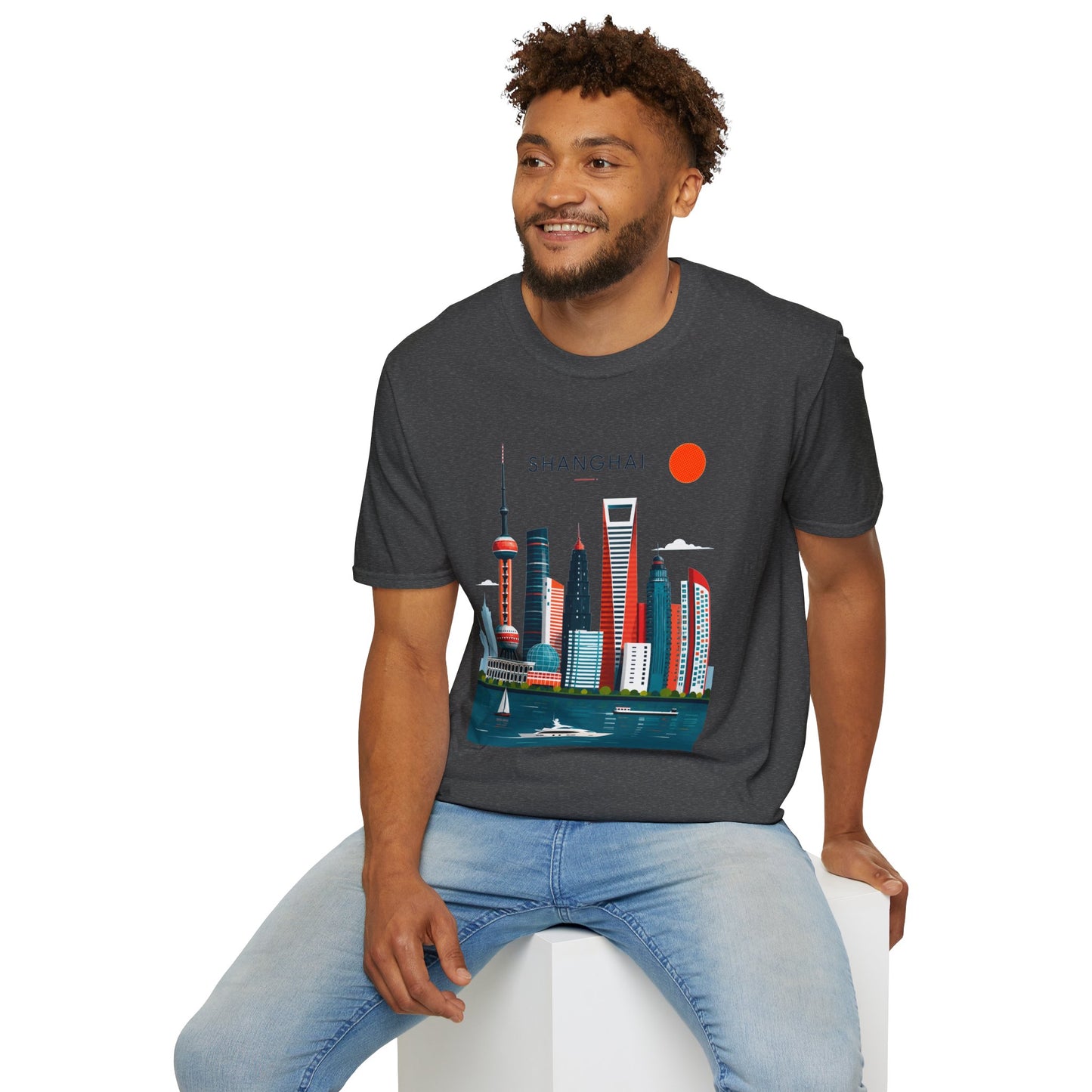 Shanghai Skyline T‑Shirt — Retro Red Sun Cityscape Tee