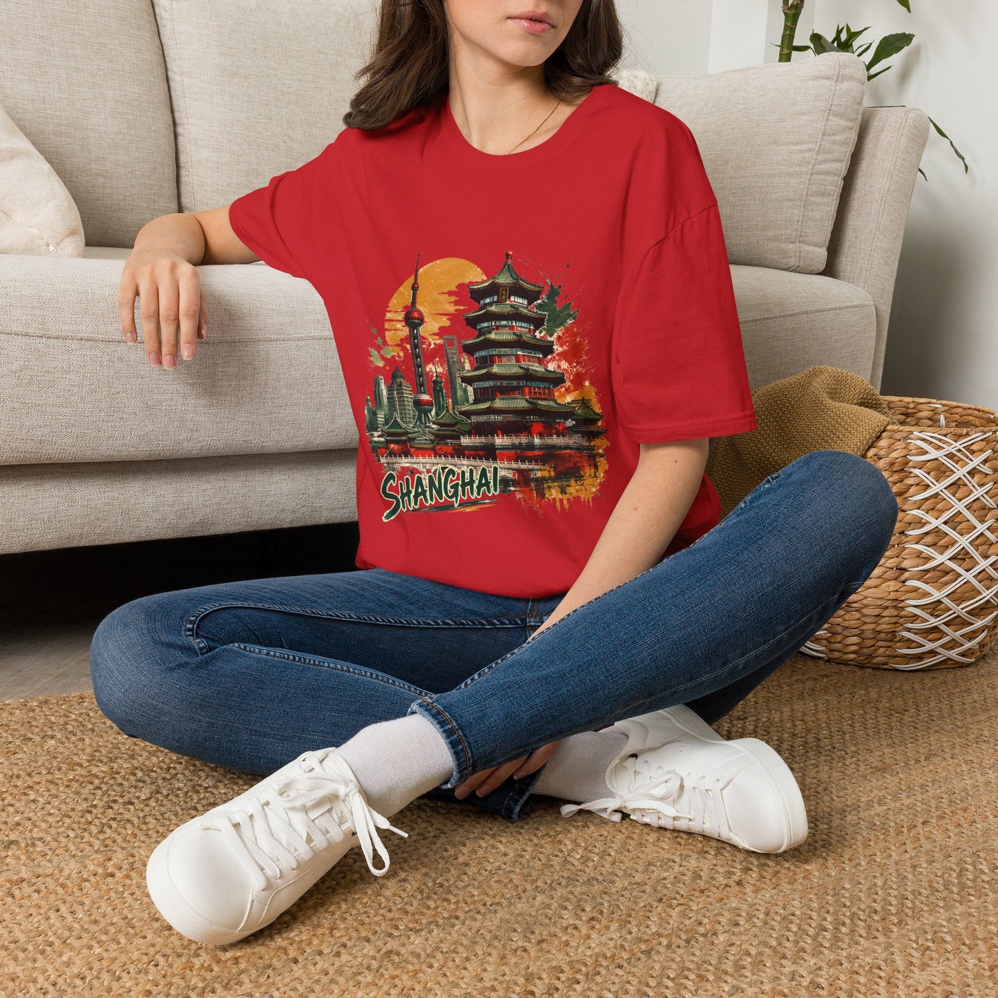 Shanghai skyline T-Shirt — Watercolor Pagoda & Oriental Sunset Tee