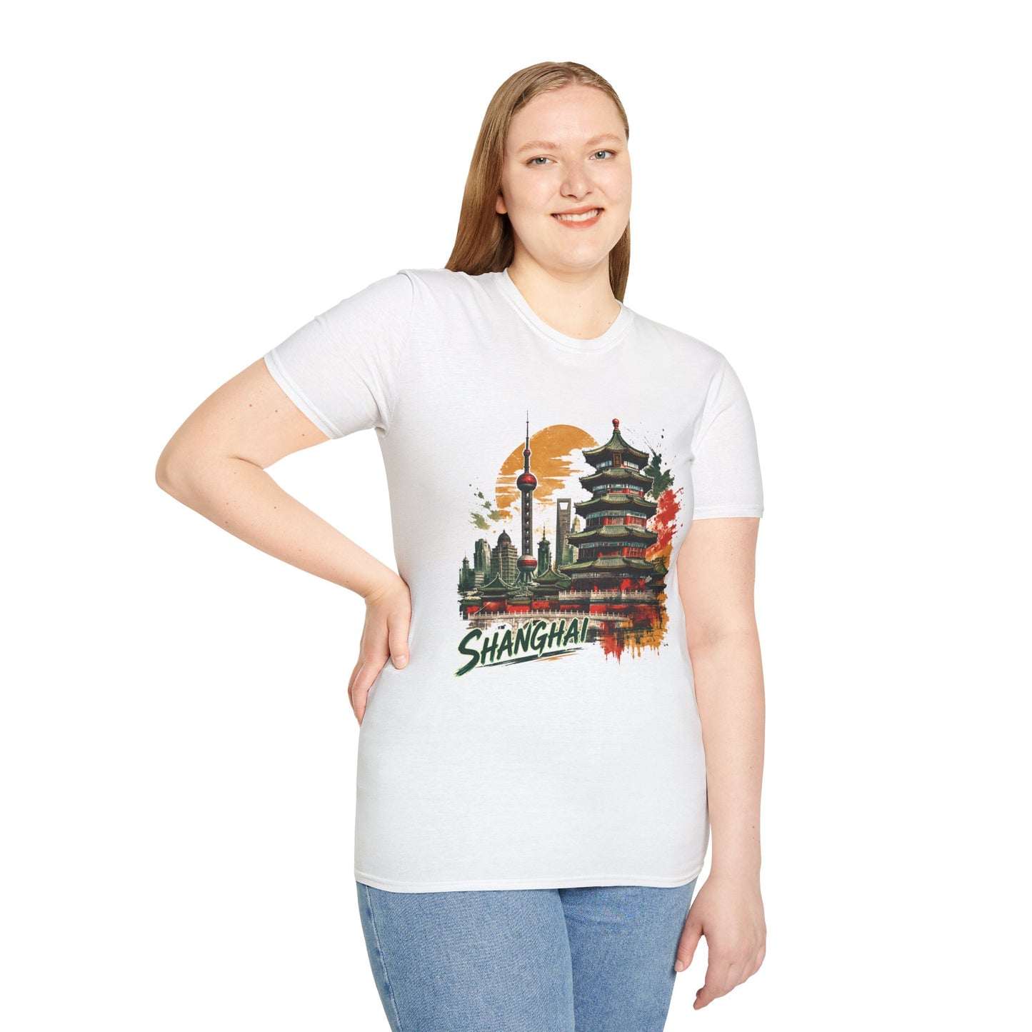 Shanghai Skyline T-Shirt — Watercolor Pagoda & Oriental Sunset Graphic