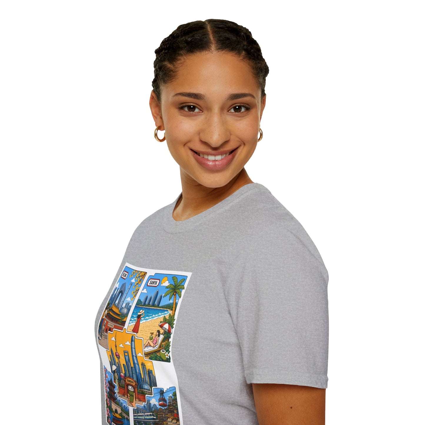 Cityscape Postcard T-Shirt — Retro Travel Collage (Beijing, Santa, Coastal Scenes)