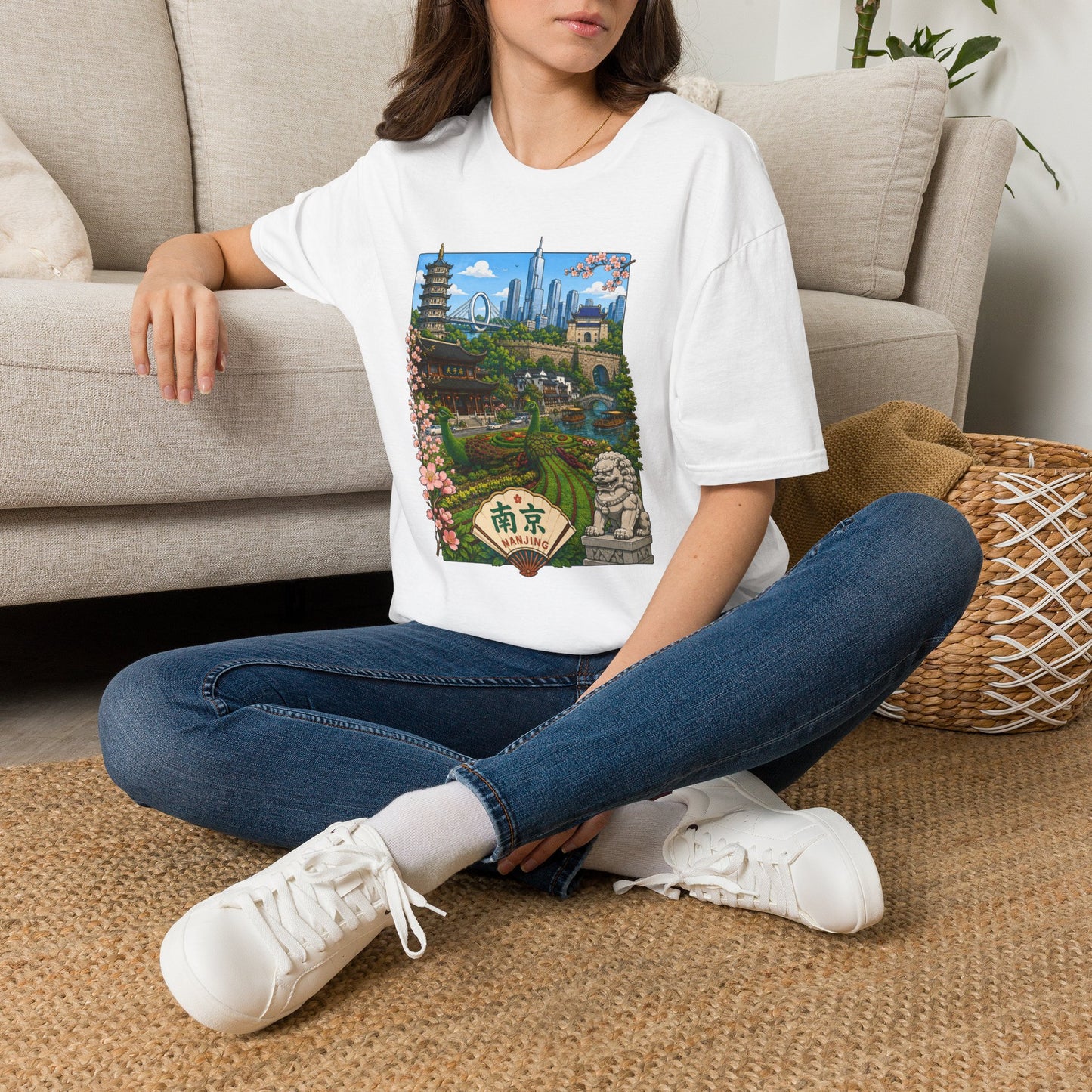 Nanjing Skyline T-Shirt — Scenic Cityscape with Pagoda & Cherry Blossoms