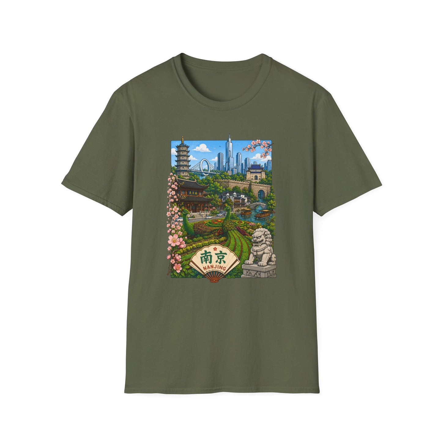 Nanjing Skyline T-Shirt — Scenic Cityscape with Pagoda & Cherry Blossoms