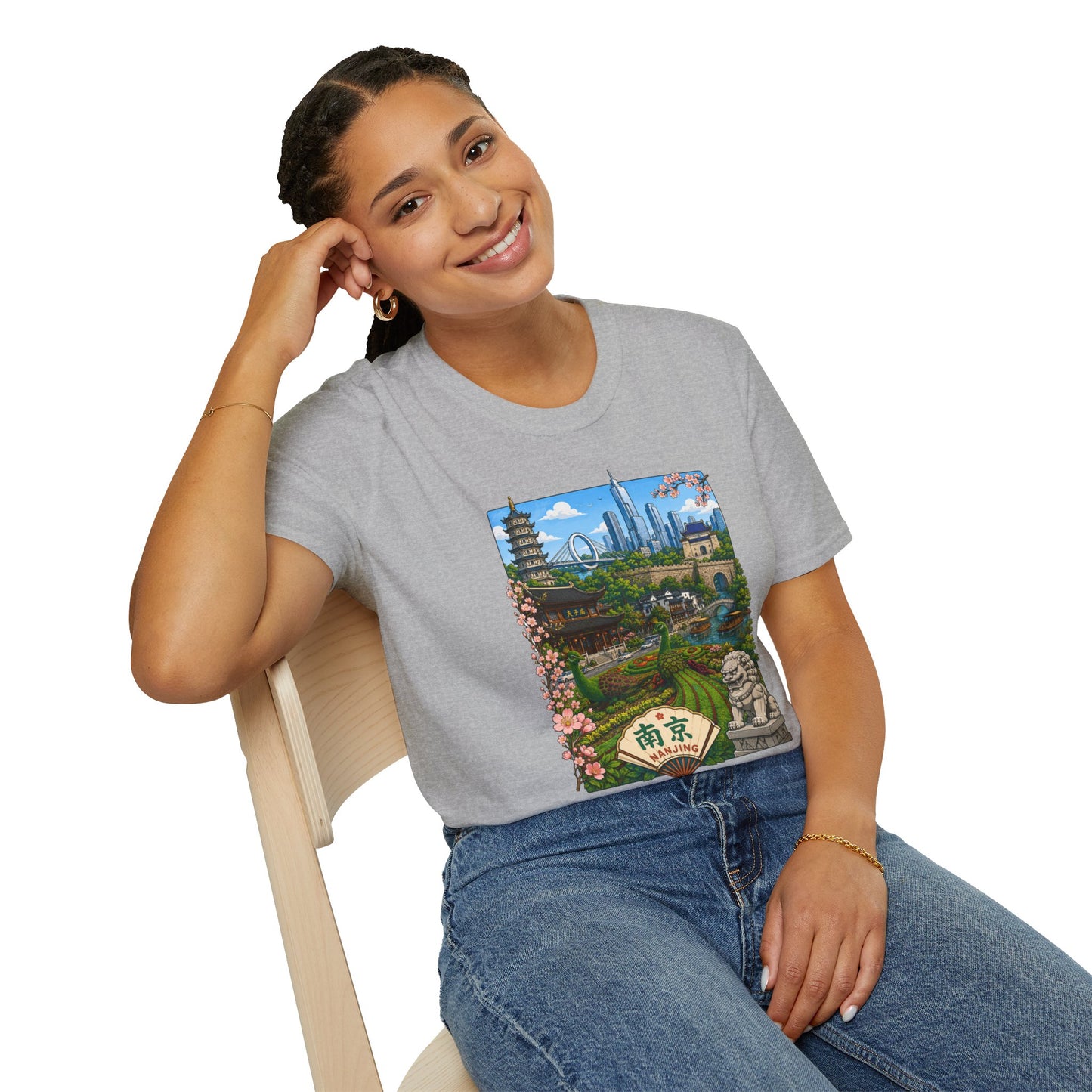Nanjing Skyline T-Shirt — Scenic Cityscape with Pagoda & Cherry Blossoms