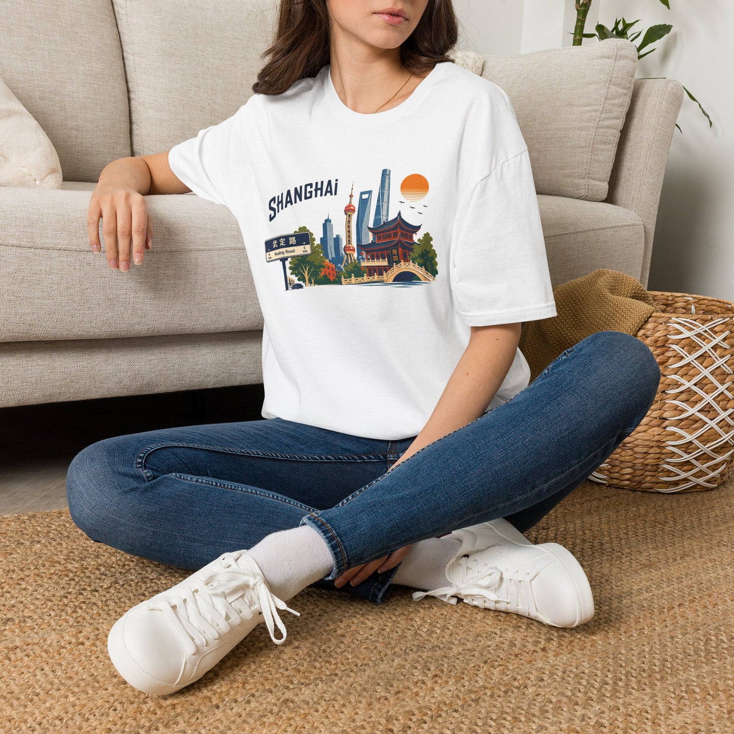 Shanghai Skyline T-Shirt — Vintage Cityscape Graphic Tee featuring Oriental Pagoda & Pudong Landmarks