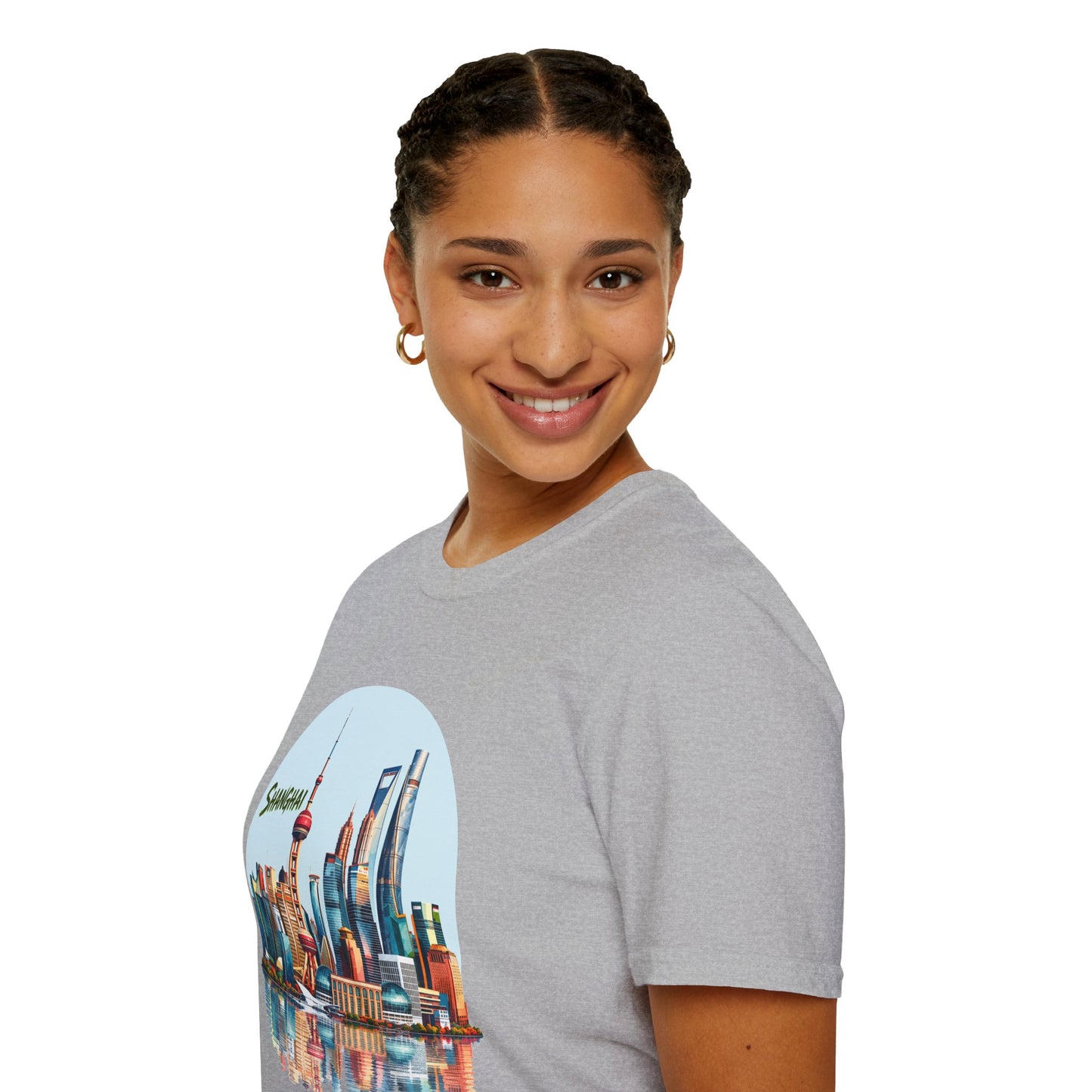 Shanghai Skyline T-Shirt — Retro Cityscape Tee with Reflection
