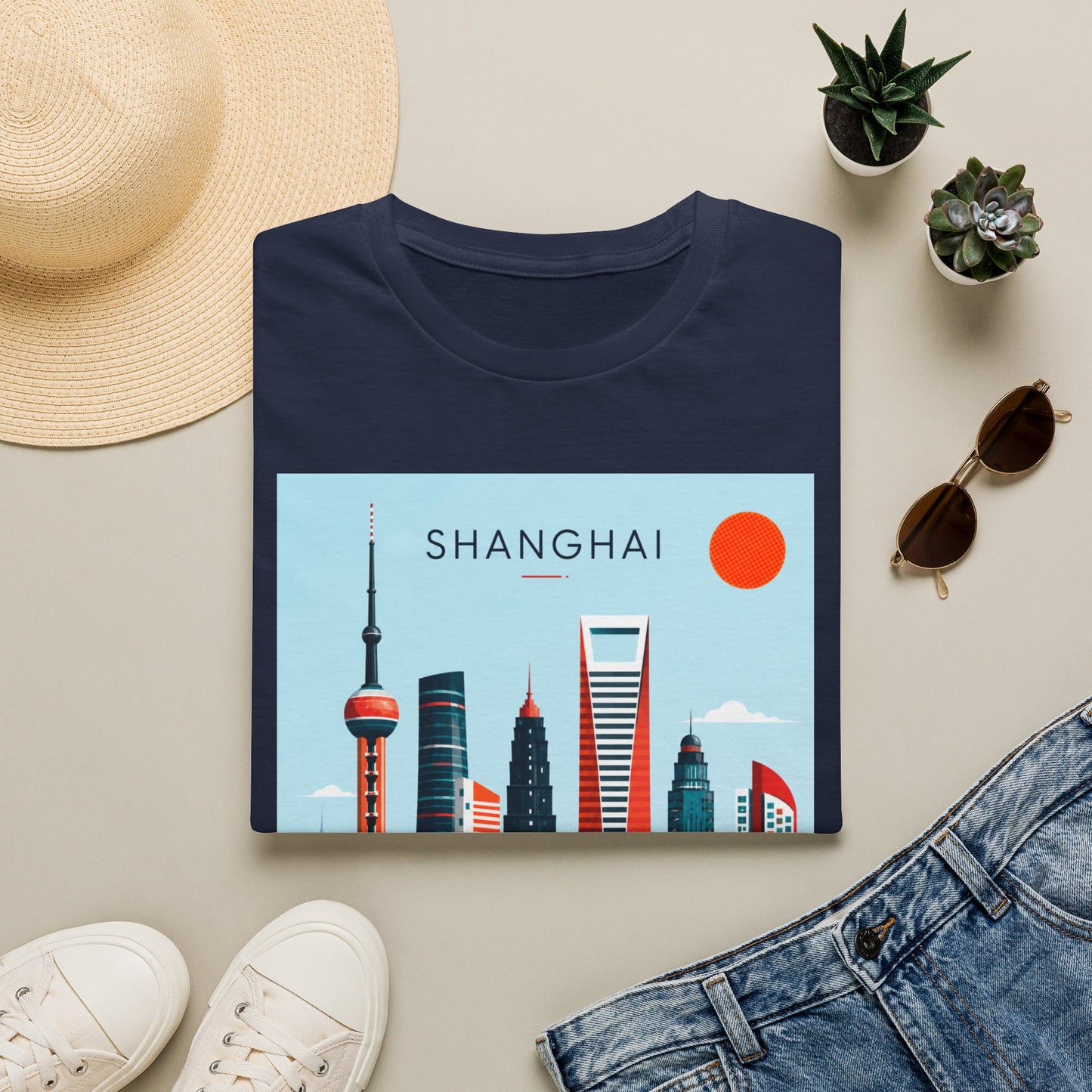 Shanghai Skyline T‑Shirt — Retro Cityscape Tee with 'SHANGHAI' Graphic