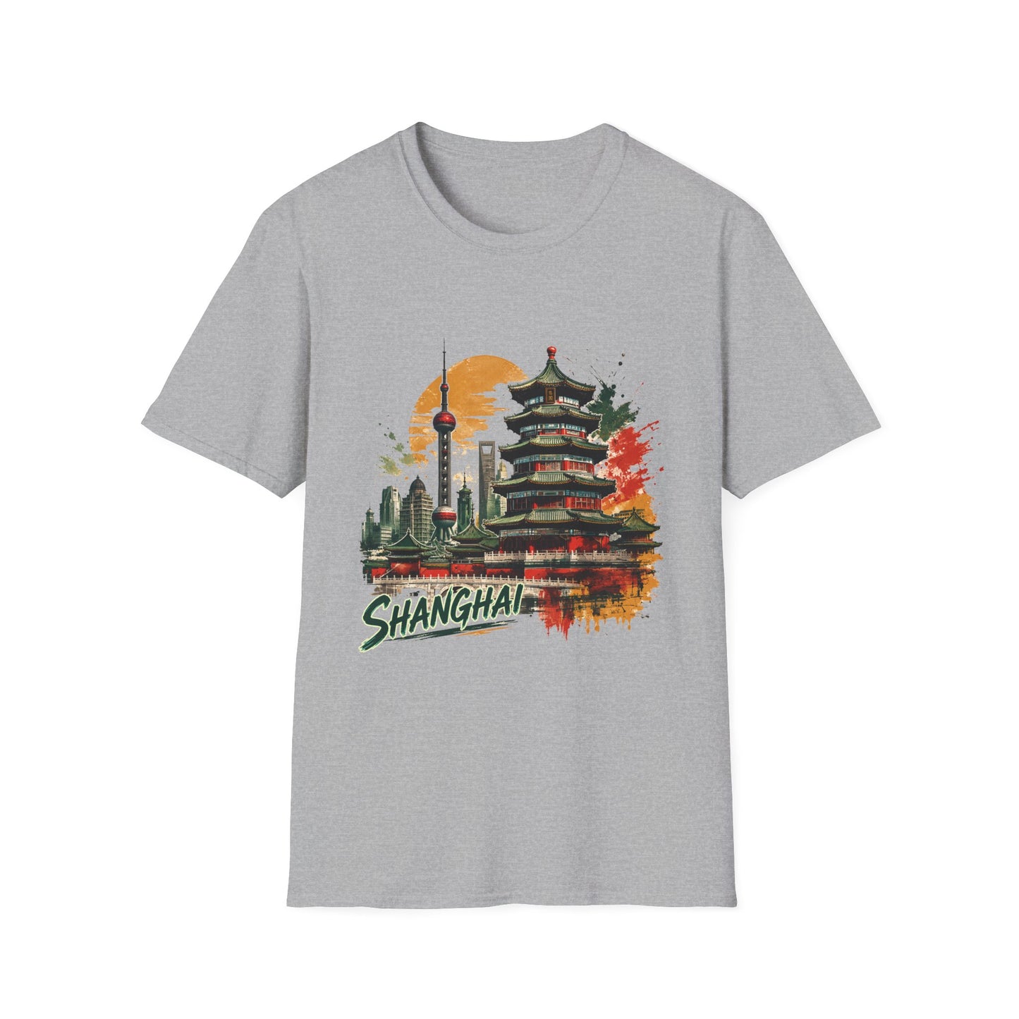Shanghai skyline T-Shirt — Watercolor Pagoda & Oriental Sunset Tee
