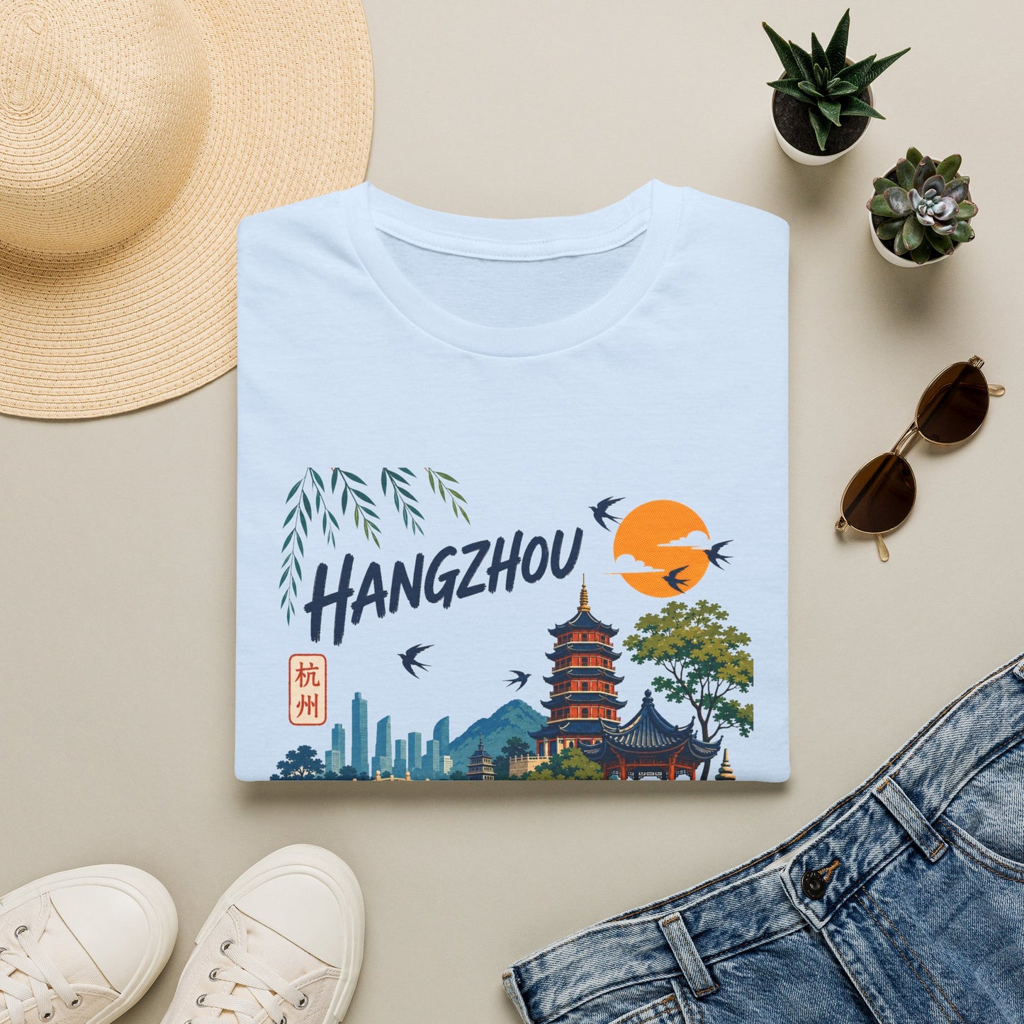 Hangzhou Travel Tee — Scenic Pagoda, Skyline & Sunset Graphic T-Shirt