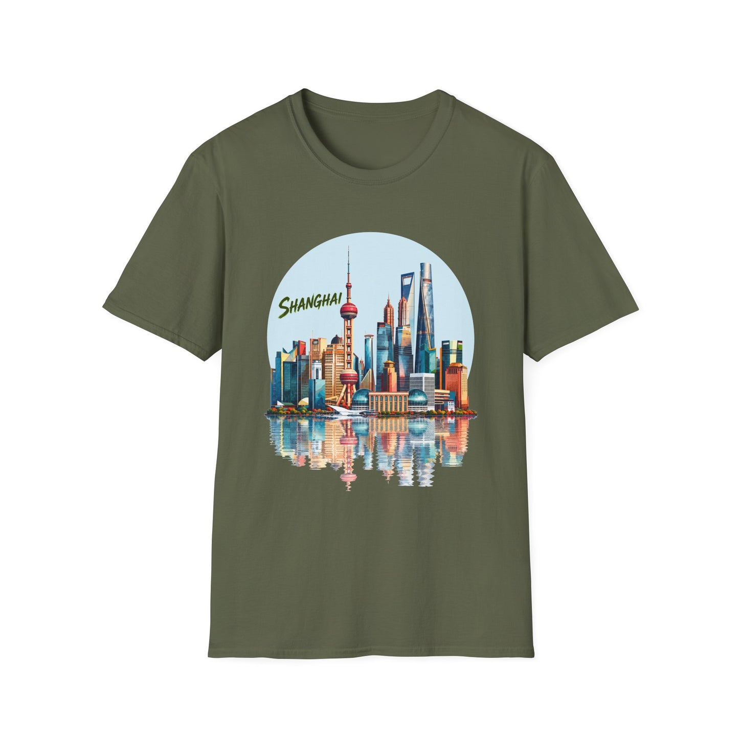 Shanghai Skyline T-Shirt — Retro Cityscape Tee with Reflection