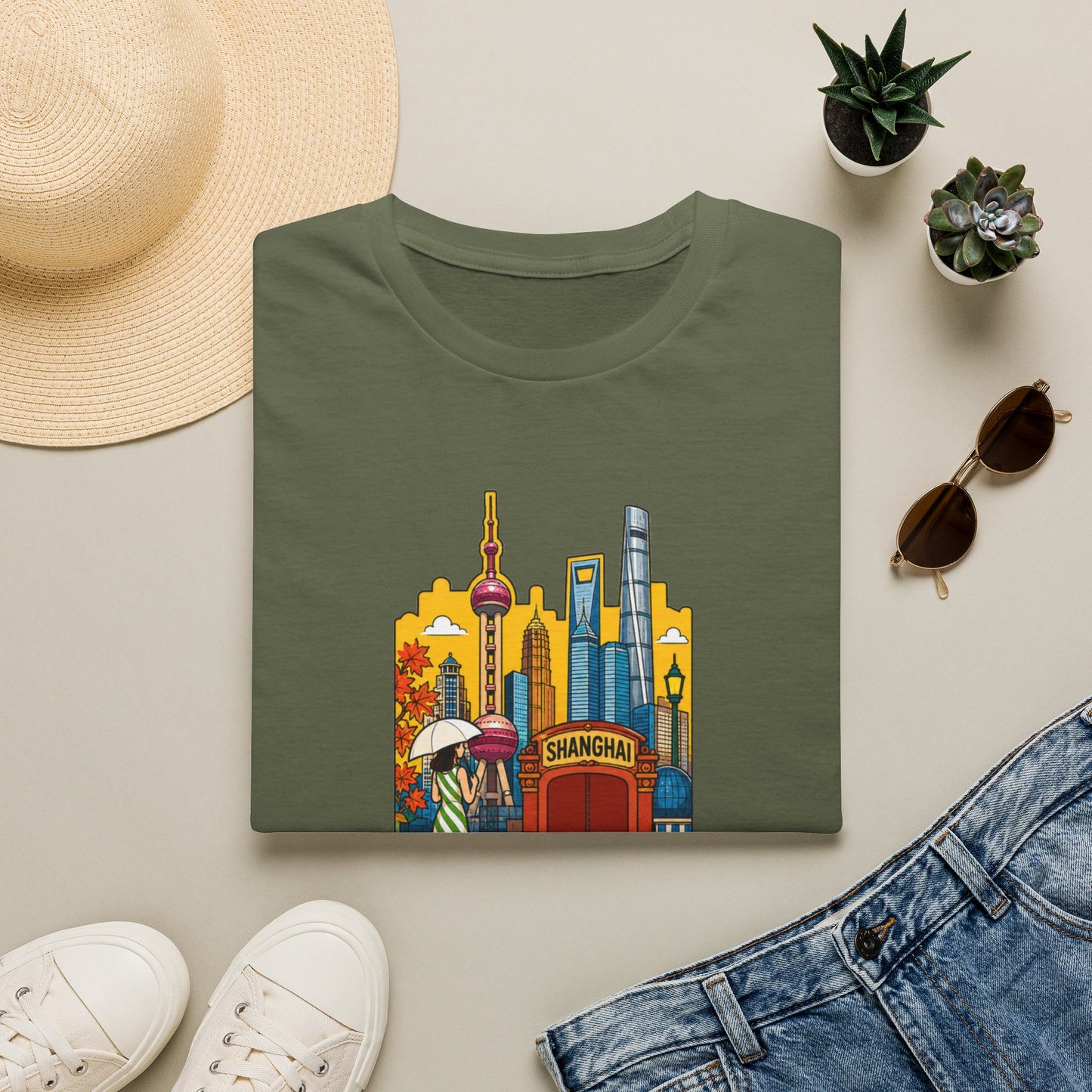 Shanghai Skyline T-Shirt — Vintage Cityscape with Chinese Characters