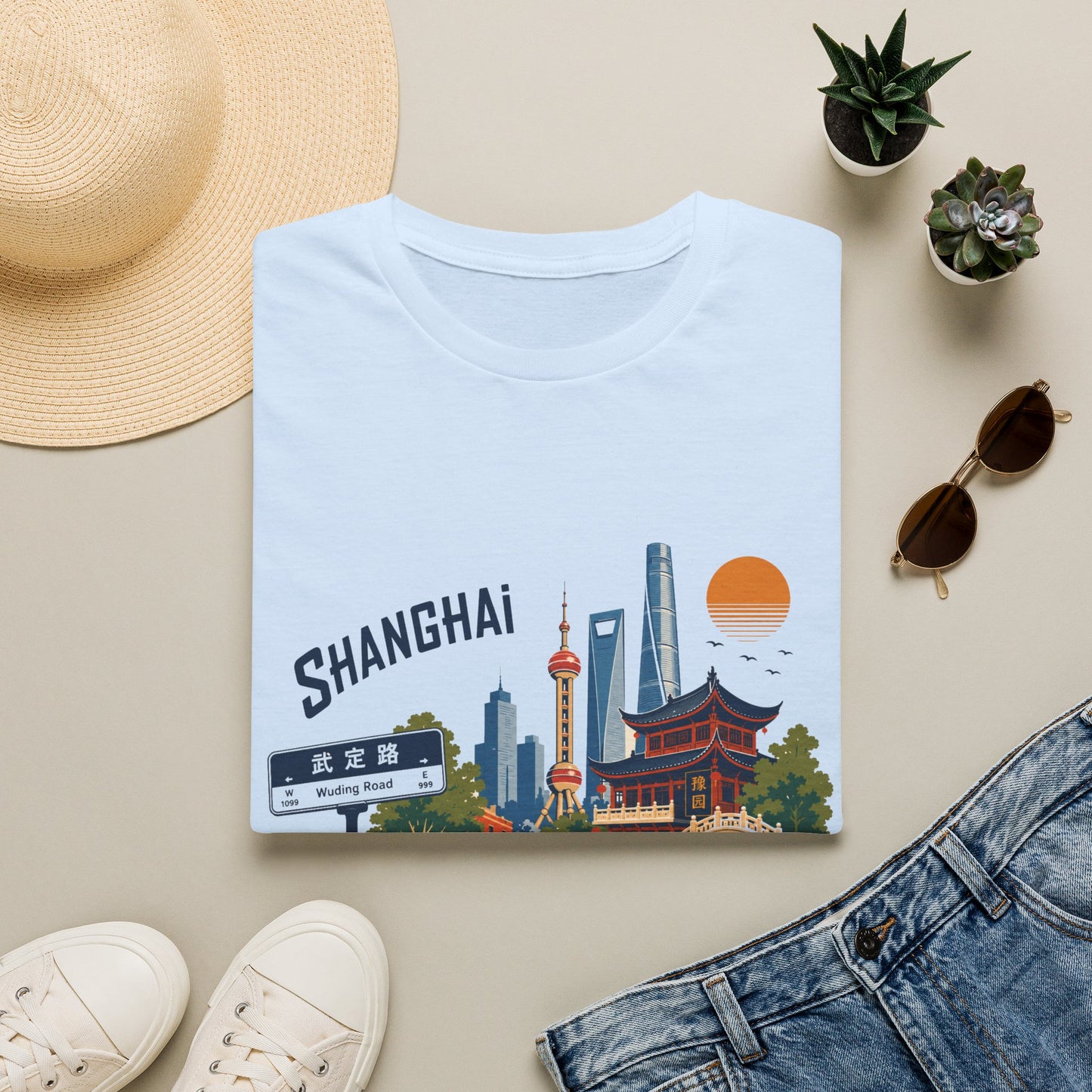 Shanghai Skyline T-Shirt — Retro Cityscape Tee with Oriental Pagoda & Street Sign