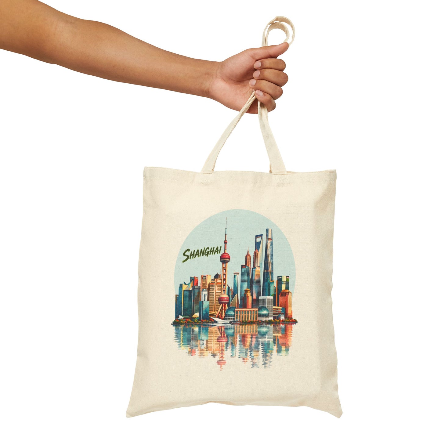 Shanghai Skyline Canvas Tote Bag – Vintage Cityscape Reusable Shopper