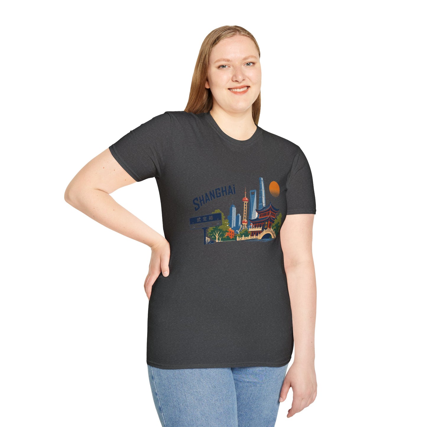 Shanghai Skyline T-Shirt — Retro Cityscape Tee with Oriental Pagoda & Street Sign