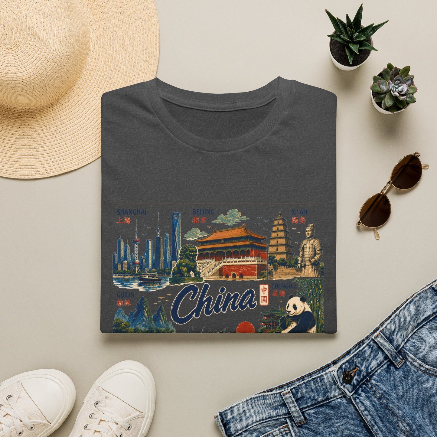 China Travel Collage T-Shirt — Landmarks & Panda Souvenir Tee