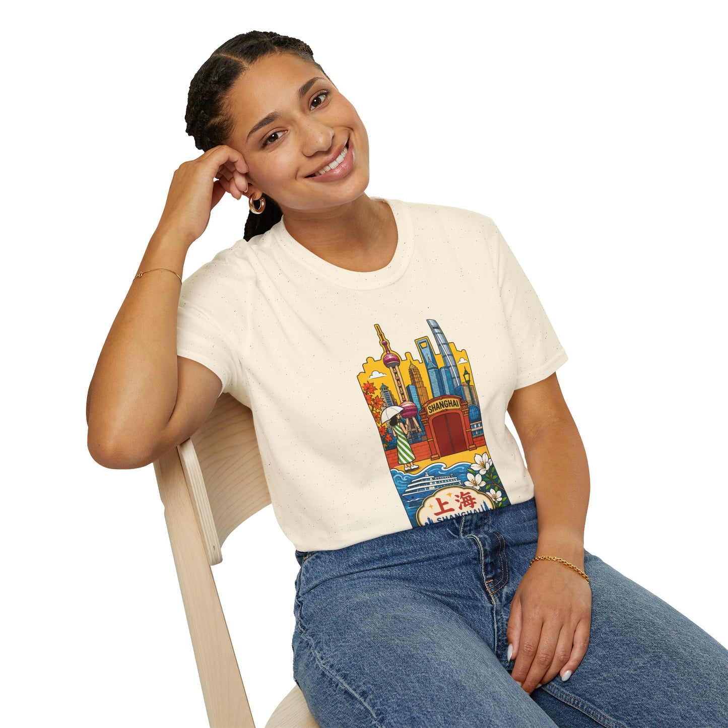 Shanghai Skyline T-Shirt — Vintage Cityscape with Chinese Characters