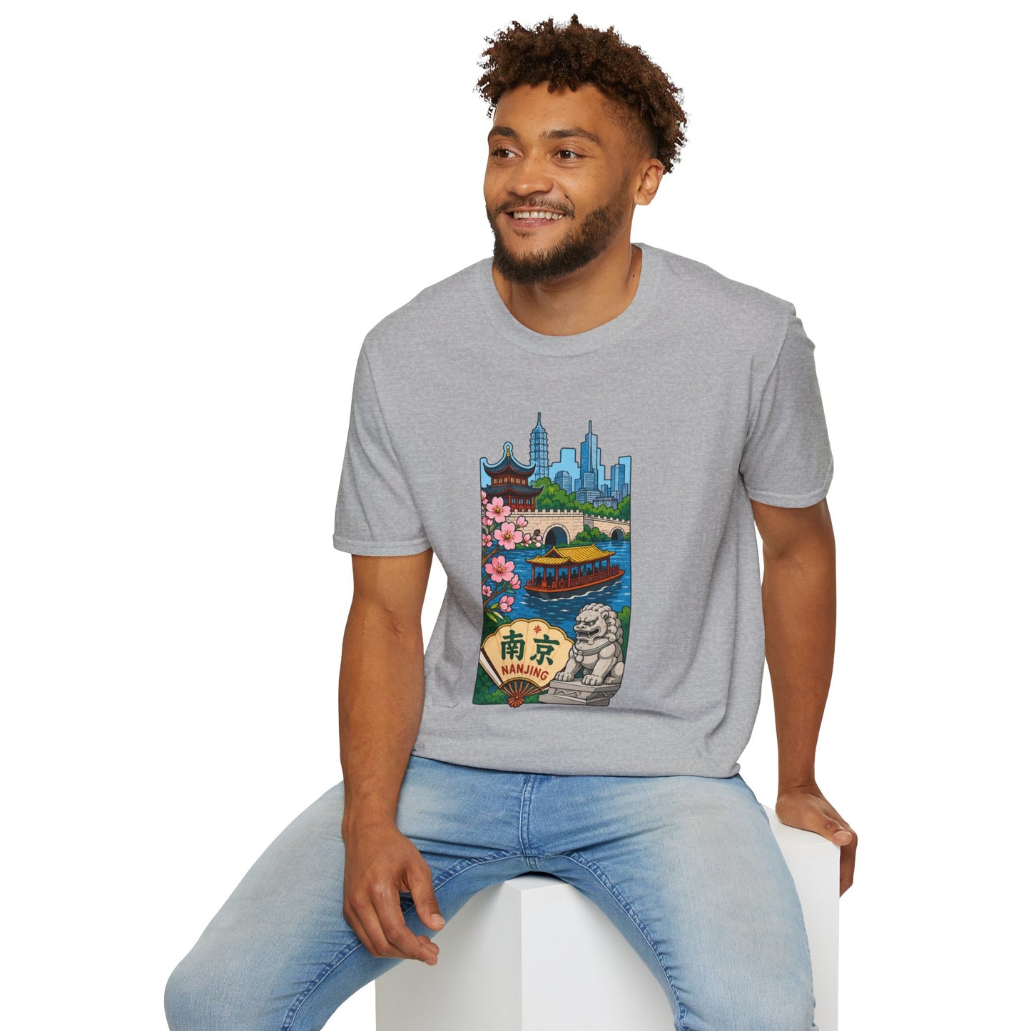 Nanjing Cityscape T-Shirt — Cherry Blossoms, Pagoda & Skyline Travel Shirt