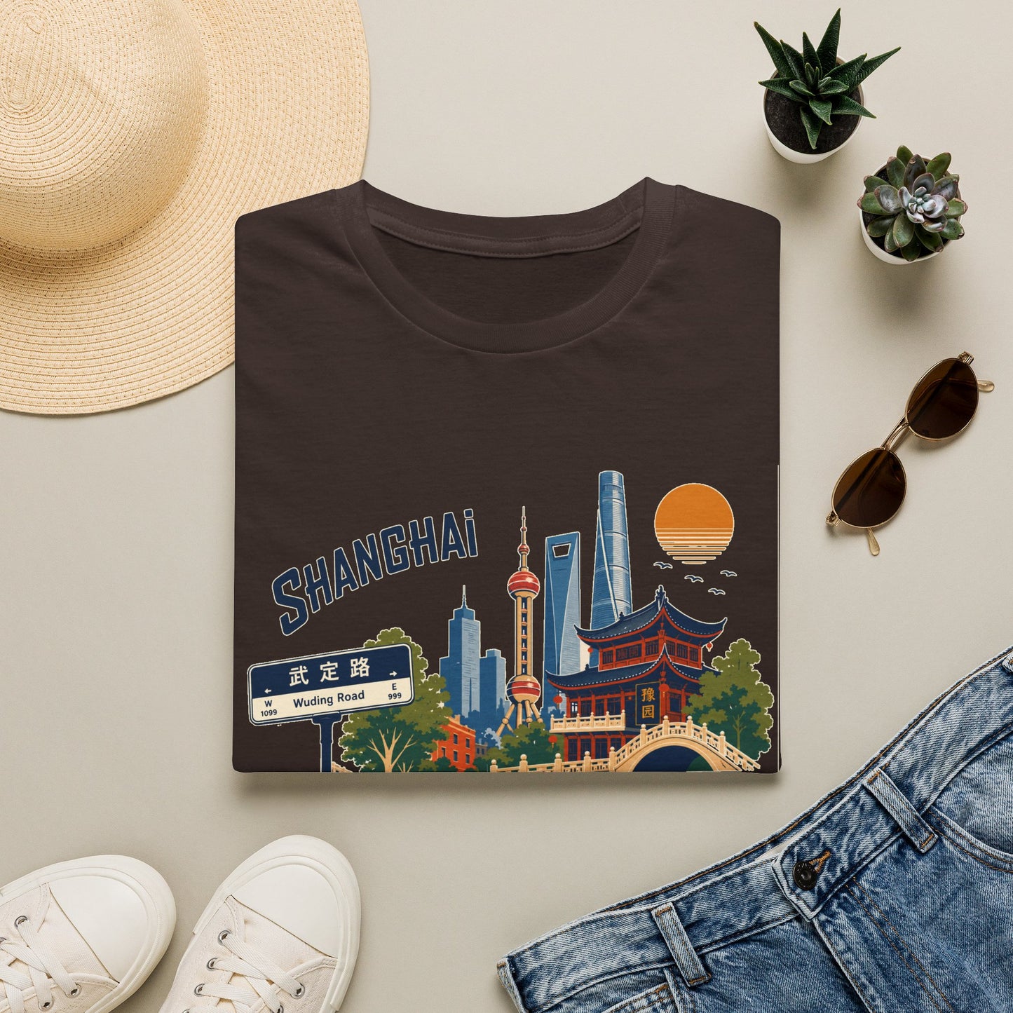 Shanghai Skyline T-Shirt — Vintage Cityscape Tee with Oriental Temple & Pudong Landmarks