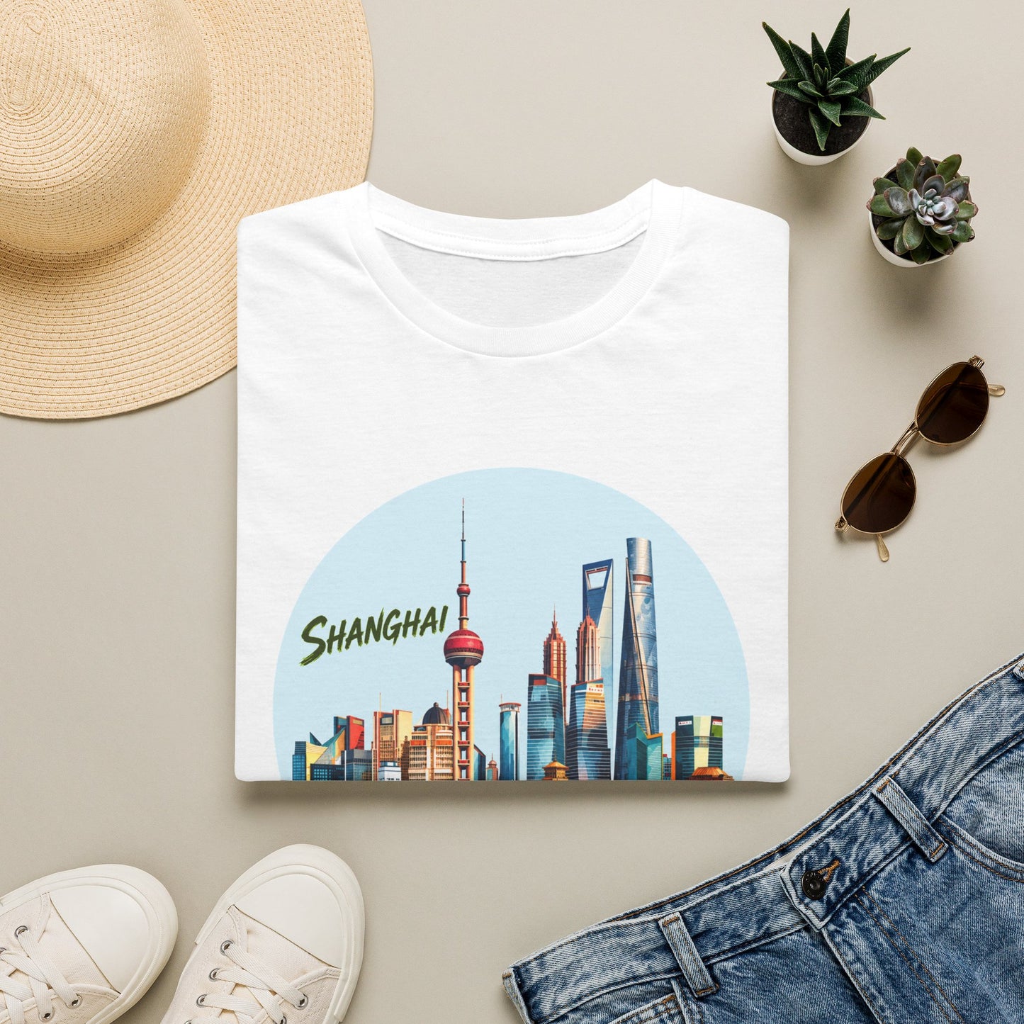Shanghai Skyline T-Shirt — Retro Cityscape Tee with Reflection