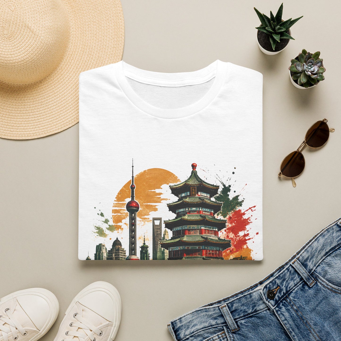 Shanghai Skyline T-Shirt — Watercolor Pagoda & Oriental Sunset Graphic