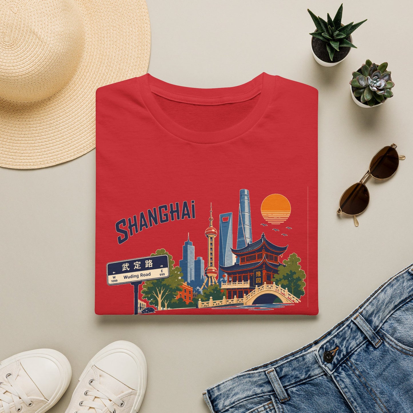 Shanghai Skyline T-Shirt — Vintage Cityscape Graphic Tee featuring Oriental Pagoda & Pudong Landmarks