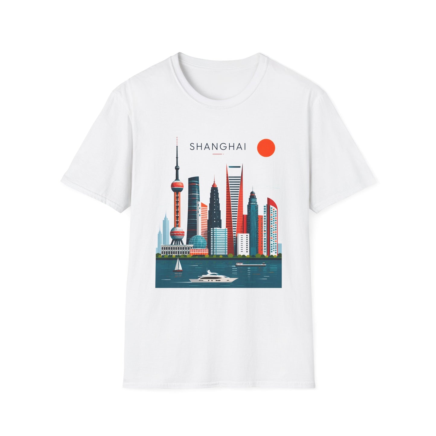 Shanghai Skyline T‑Shirt — Retro Red Sun Cityscape Tee