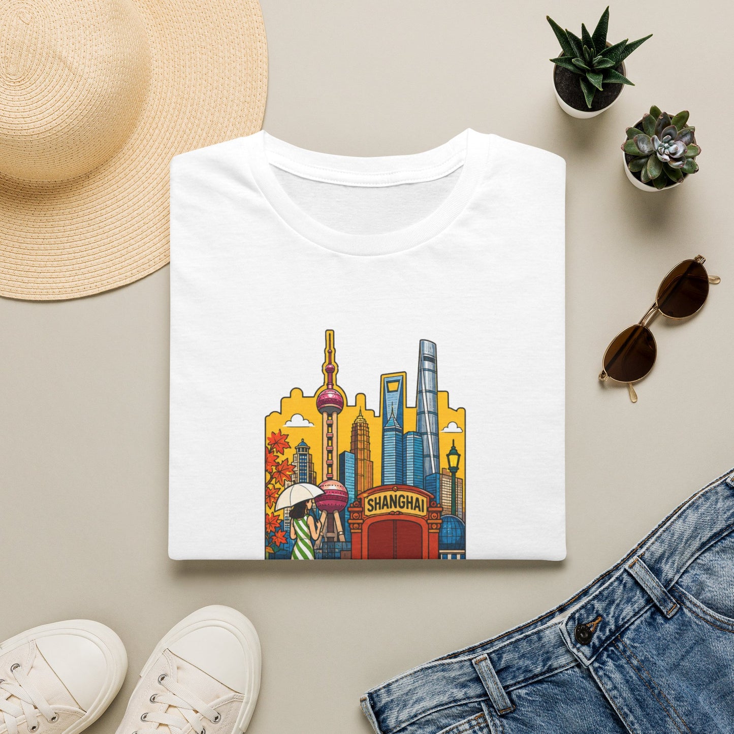 Shanghai Skyline T-Shirt — Vintage Cityscape with Chinese Characters