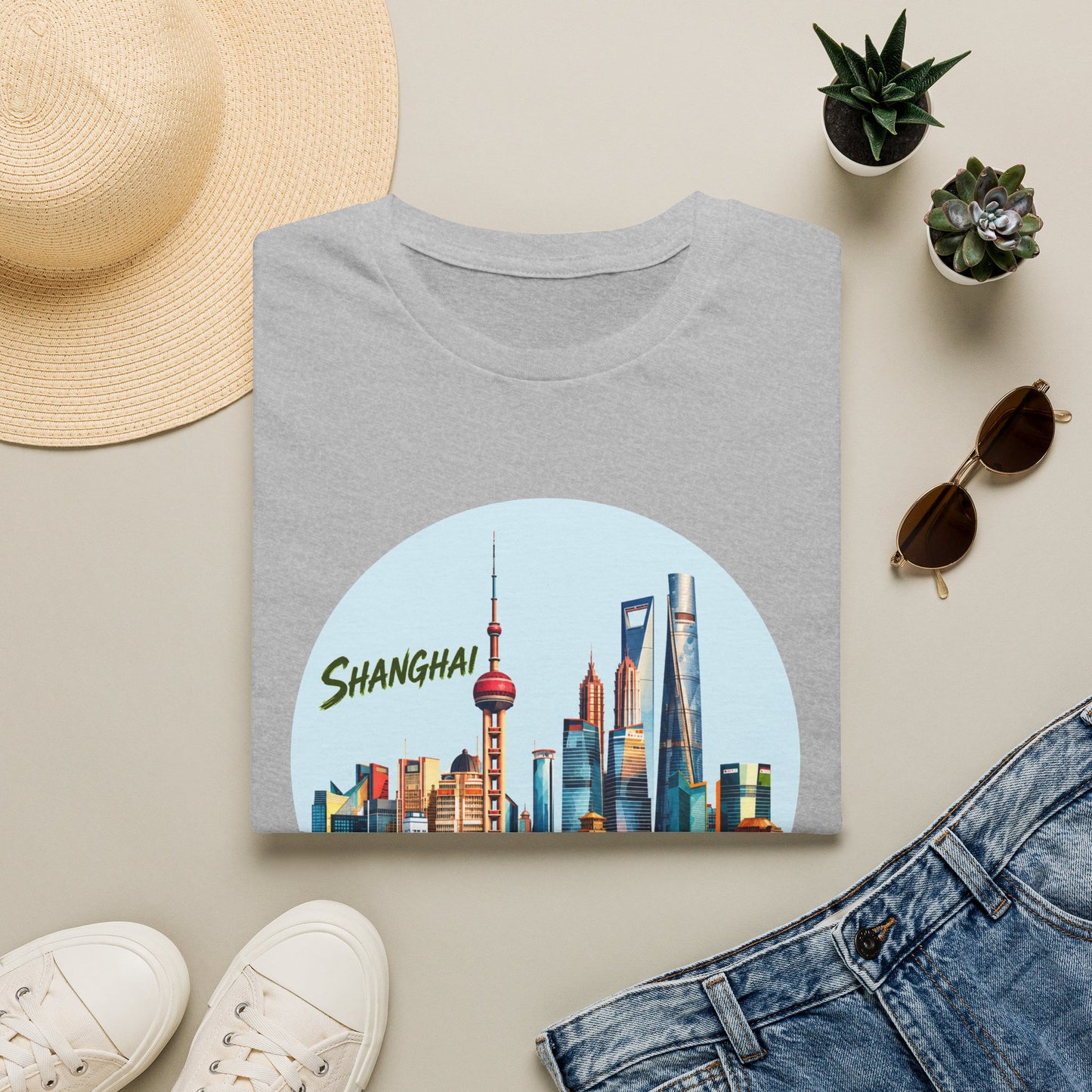 Shanghai Skyline T-Shirt — Retro Cityscape Tee with Reflection