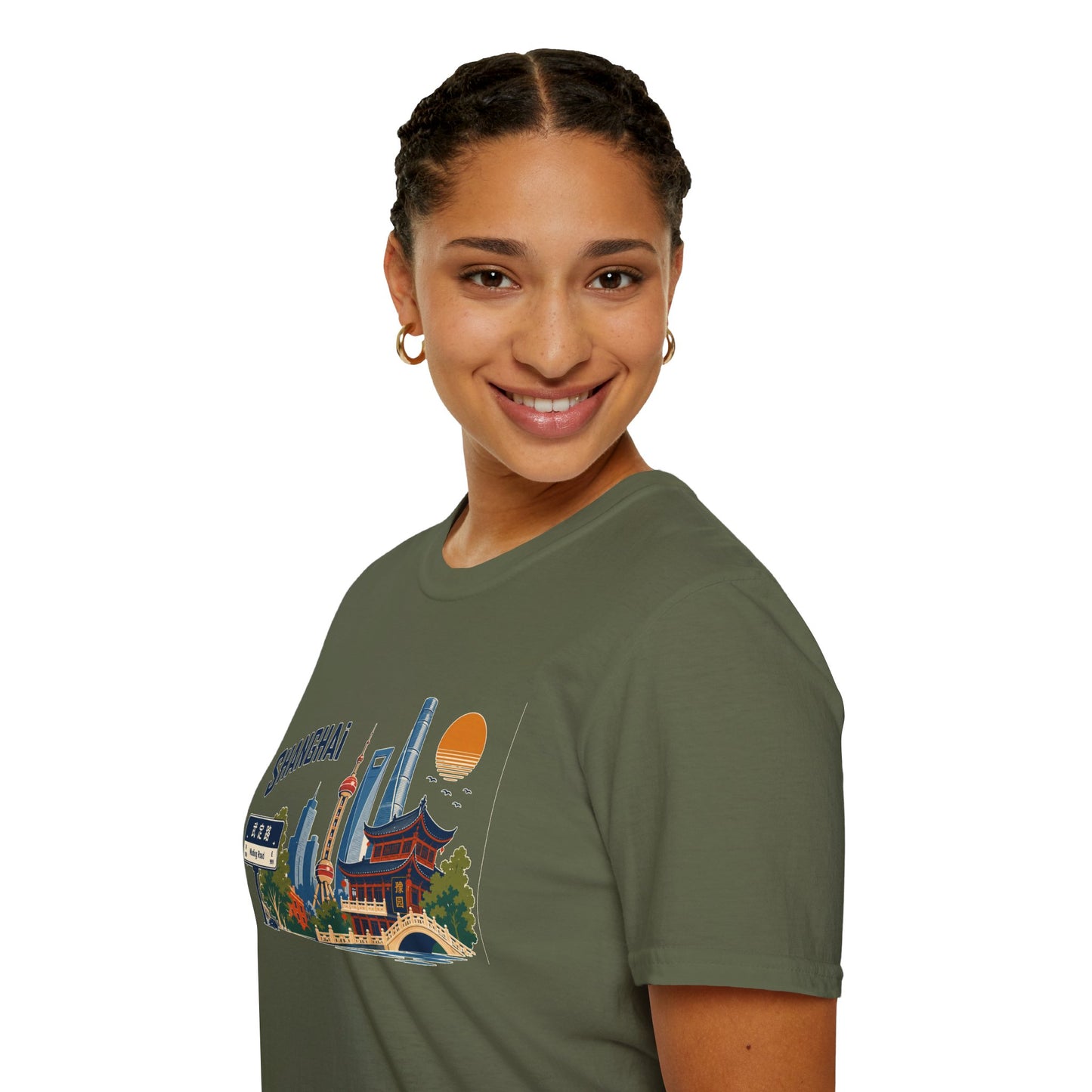 Shanghai Skyline T-Shirt — Vintage Cityscape Tee with Oriental Temple & Pudong Landmarks