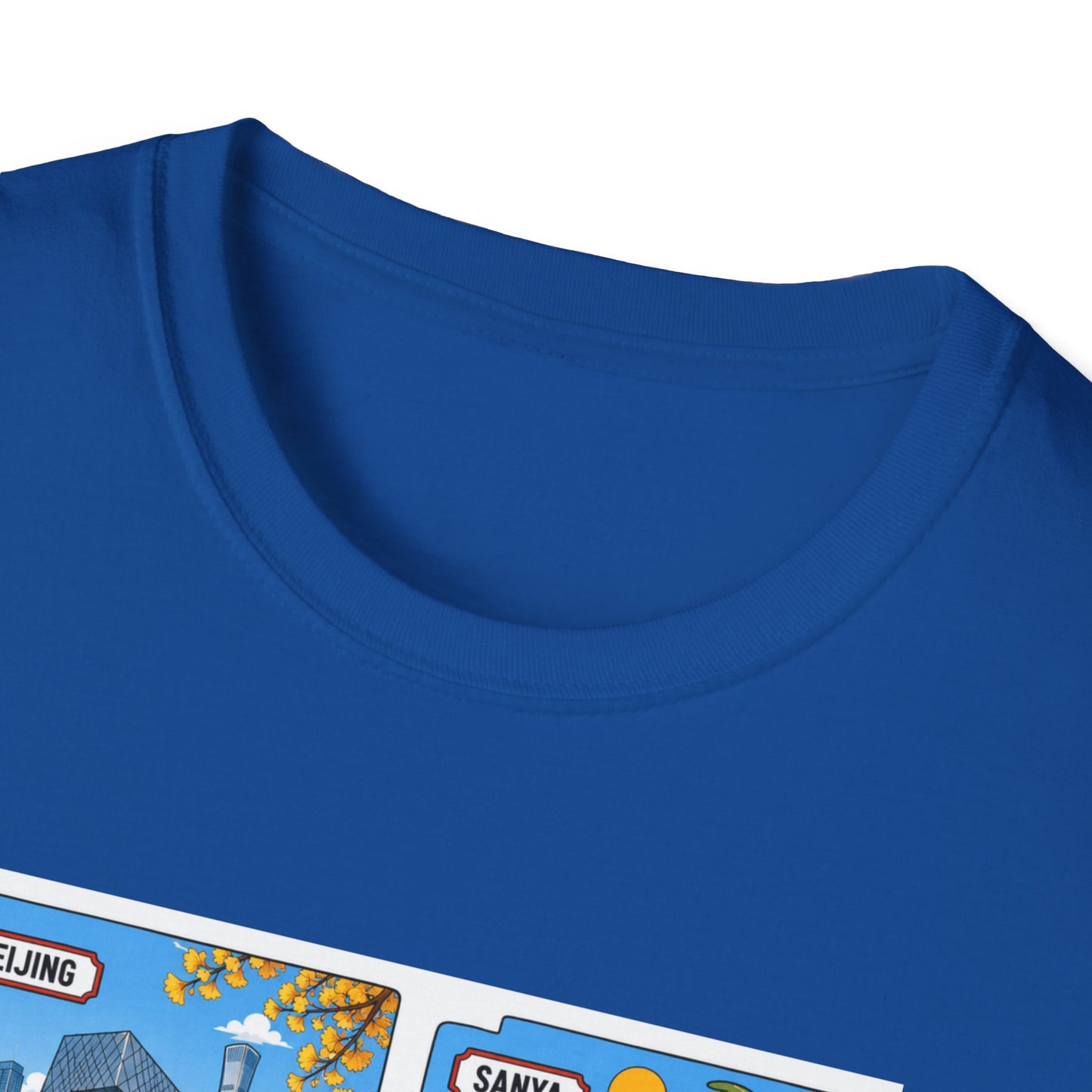 Cityscape Postcard T-Shirt — Retro Travel Collage (Beijing, Santa, Coastal Scenes)