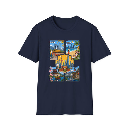 Cityscape Postcard T-Shirt — Miami & Dubai Travel Vintage Graphic Tee