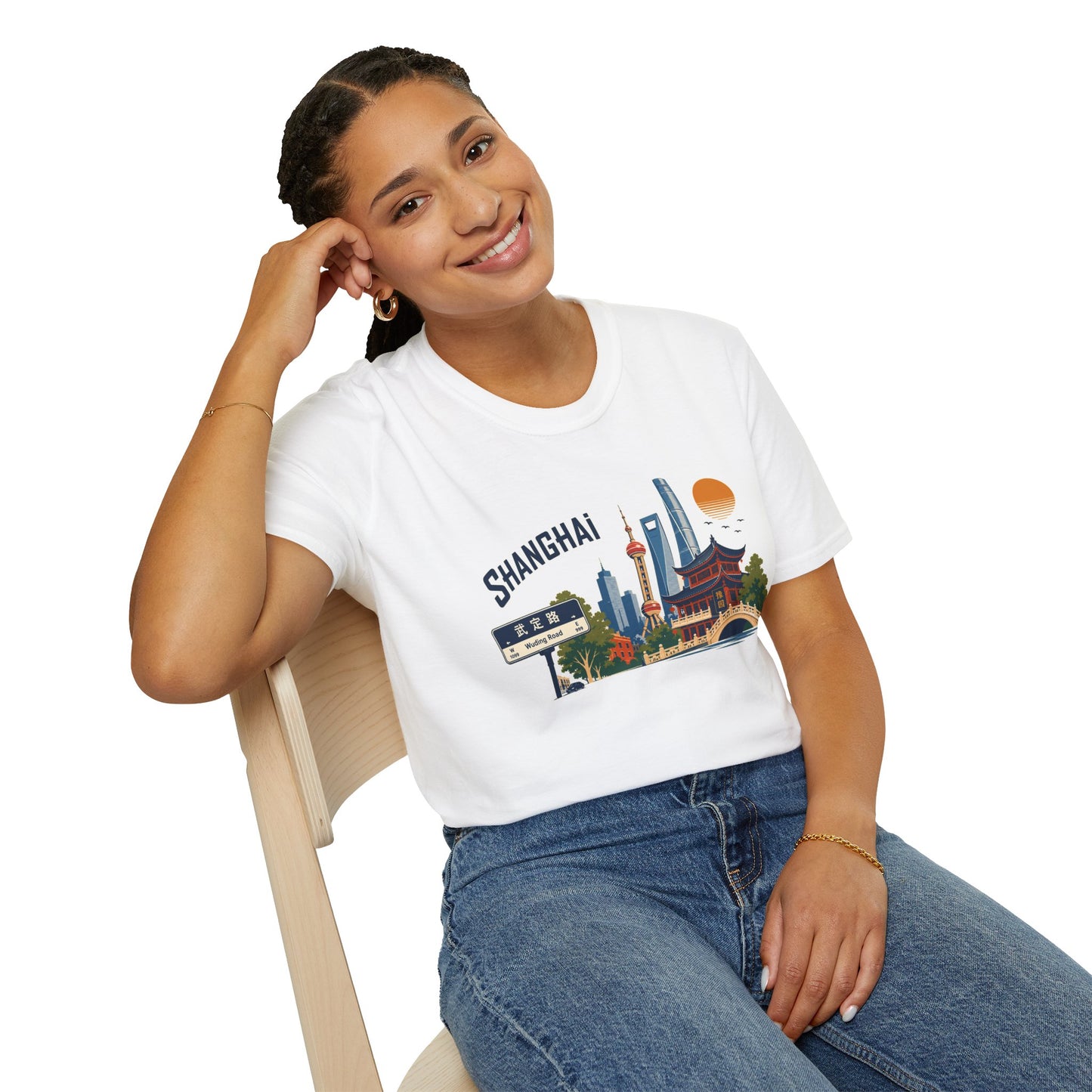 Shanghai Skyline T-Shirt — Vintage Cityscape Tee with Oriental Temple & Pudong Landmarks