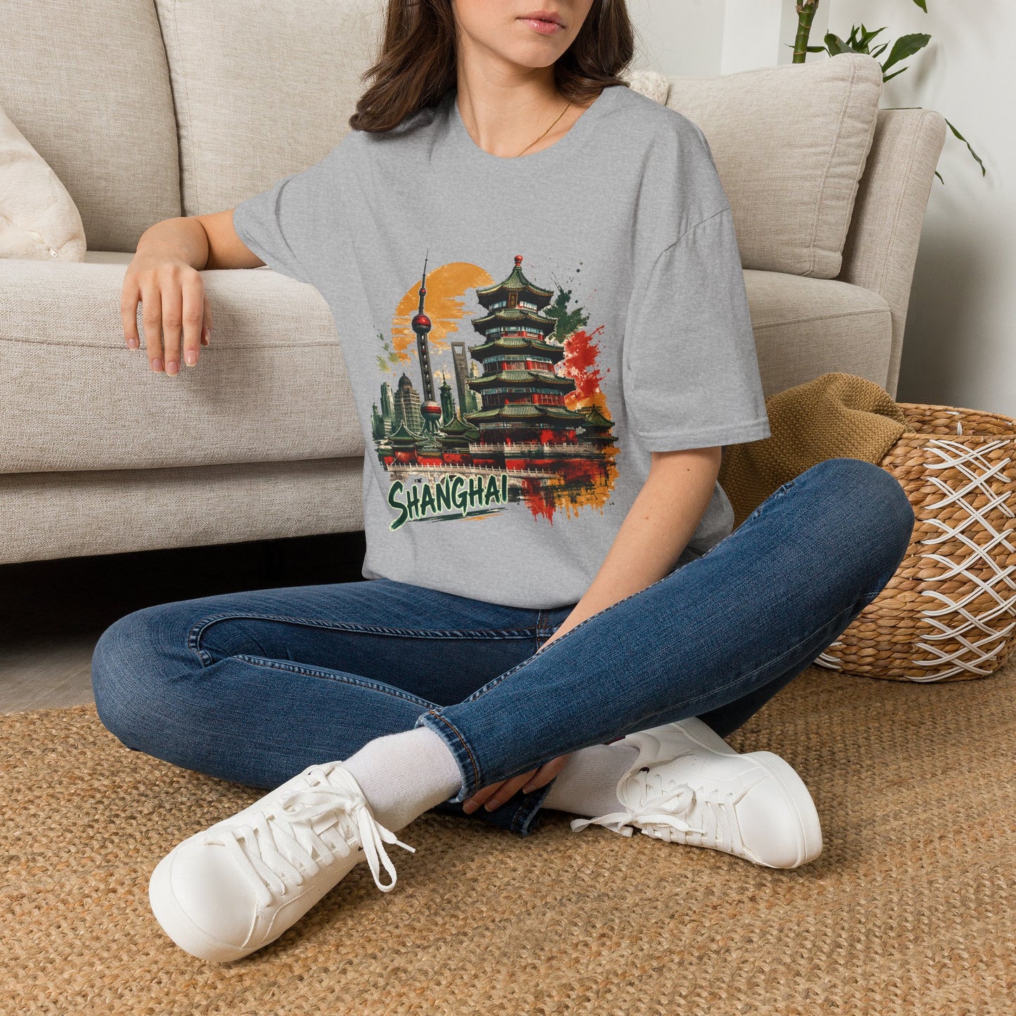 Shanghai skyline T-Shirt — Watercolor Pagoda & Oriental Sunset Tee