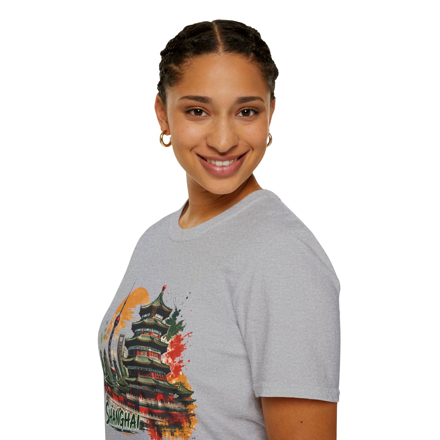 Shanghai Skyline T-Shirt — Watercolor Pagoda & Oriental Sunset Graphic