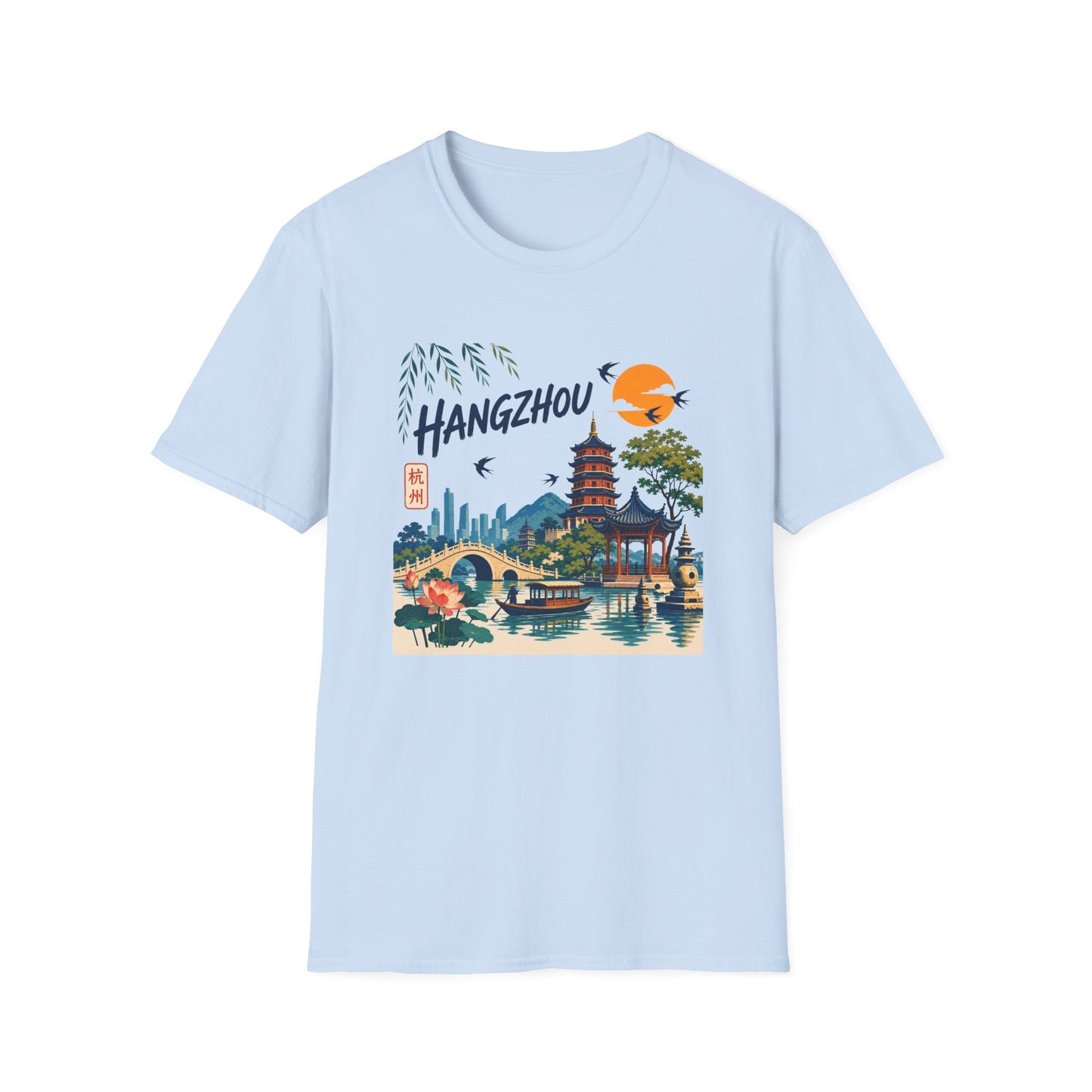 Hangzhou Travel Tee — Scenic Pagoda, Skyline & Sunset Graphic T-Shirt