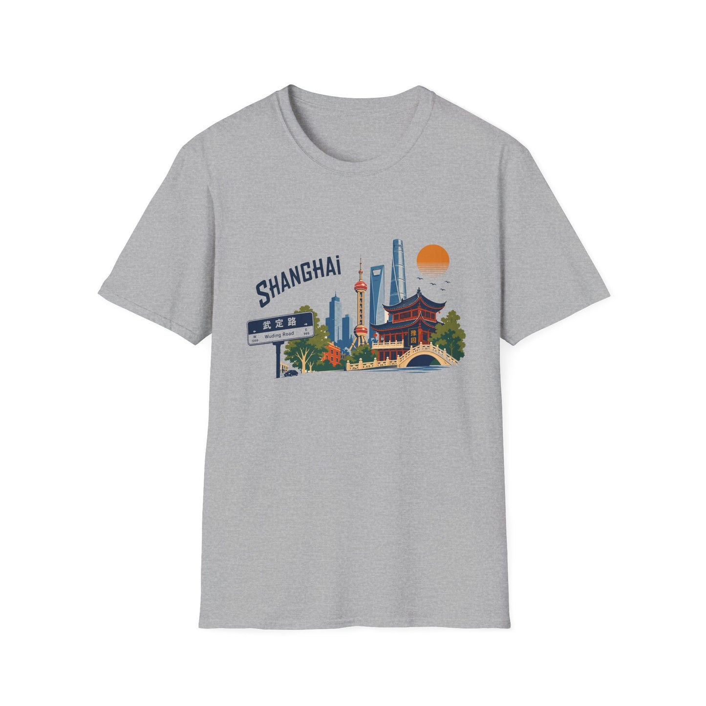 Shanghai Skyline T-Shirt — Retro Cityscape Tee with Oriental Pagoda & Street Sign