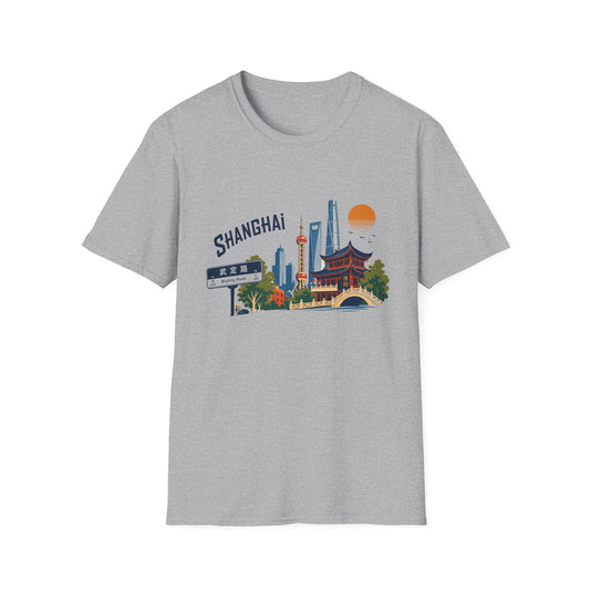 Shanghai Skyline T-Shirt — Retro Cityscape Tee with Oriental Pagoda & Street Sign