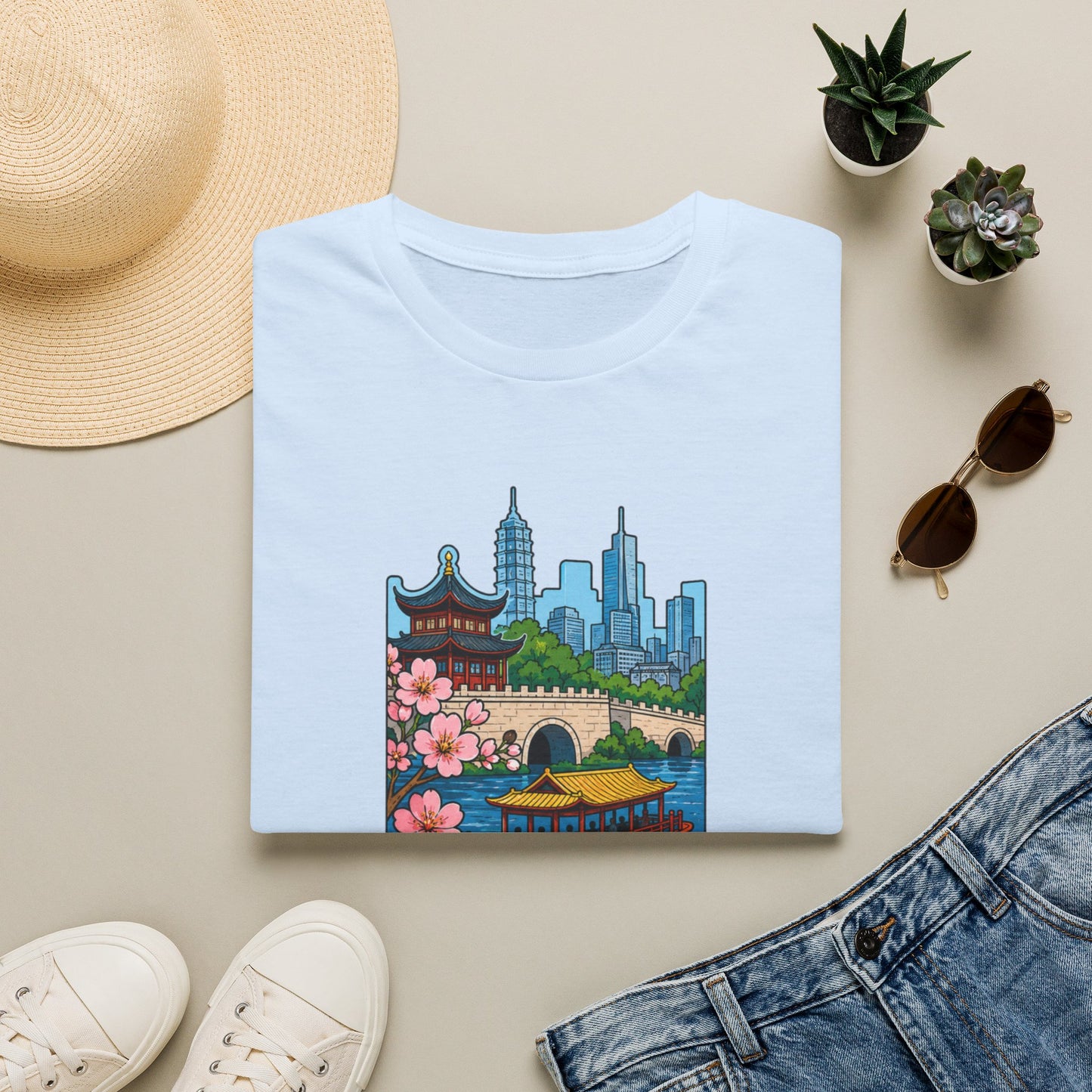 Nanjing Cityscape T-Shirt — Cherry Blossoms, Pagoda & Skyline Travel Shirt