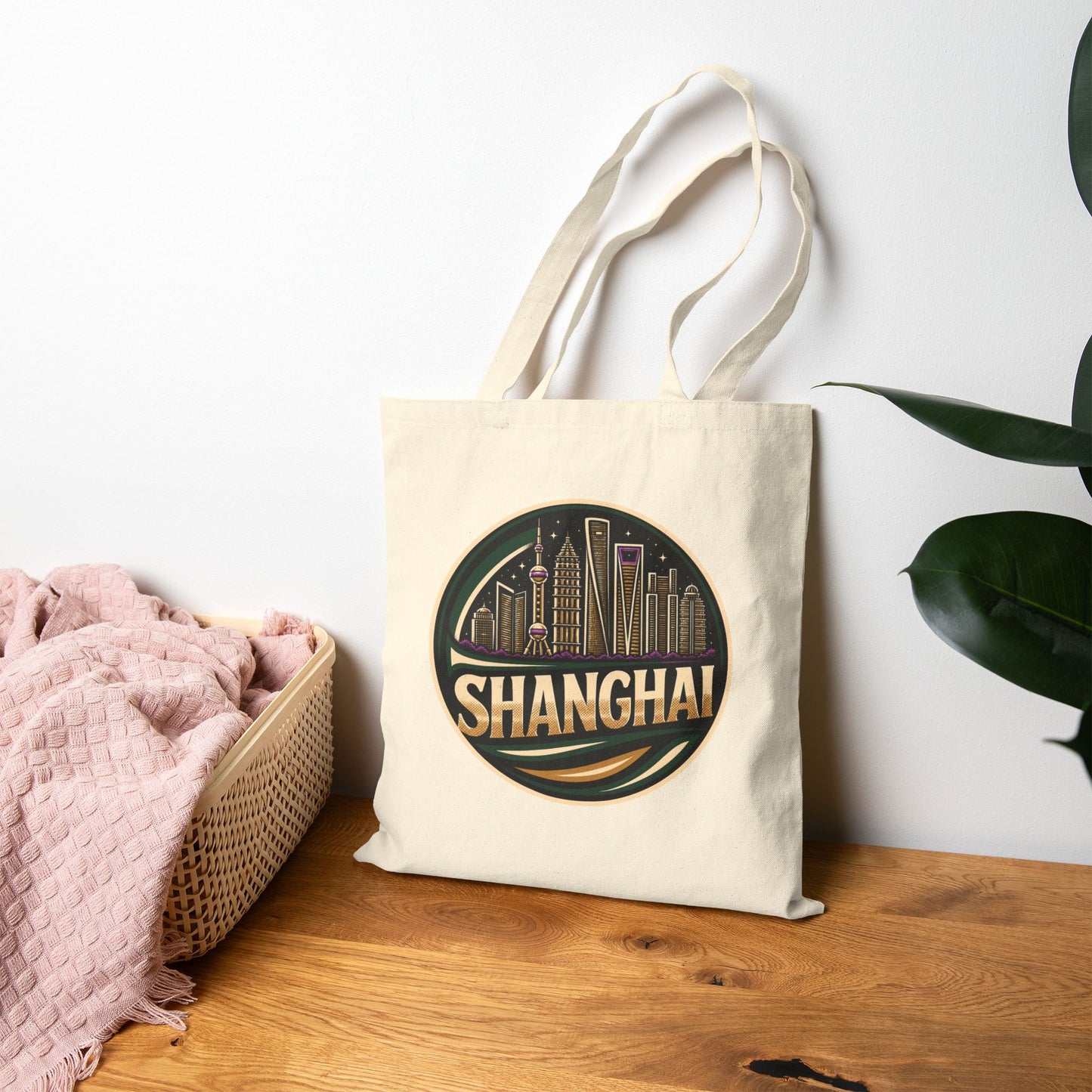 Shanghai Skyline Tote Bag – Retro Cityscape Cotton Canvas Shopper