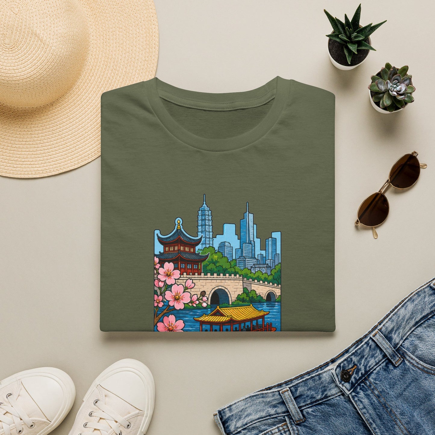 Nanjing Cityscape T-Shirt — Cherry Blossoms, Pagoda & Skyline Travel Shirt