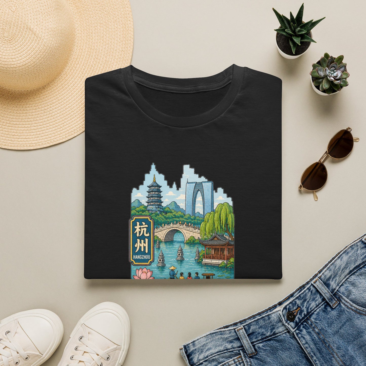 Hangzhou Scenic T-Shirt — West Lake Pagoda & Bridge Illustration